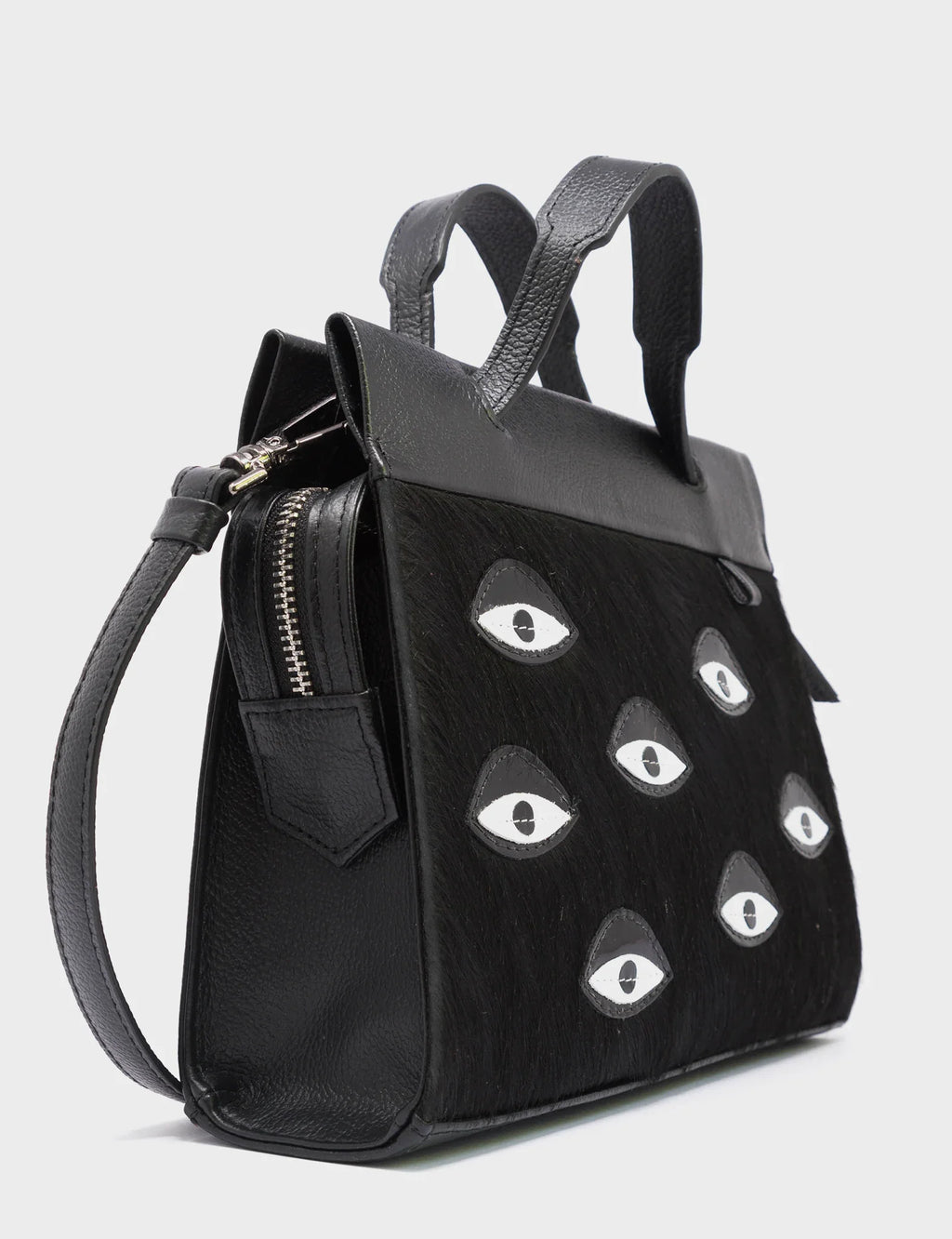 Vali Crossbody Small Black Leather Bag - Eyes Applique Adjustable Handle