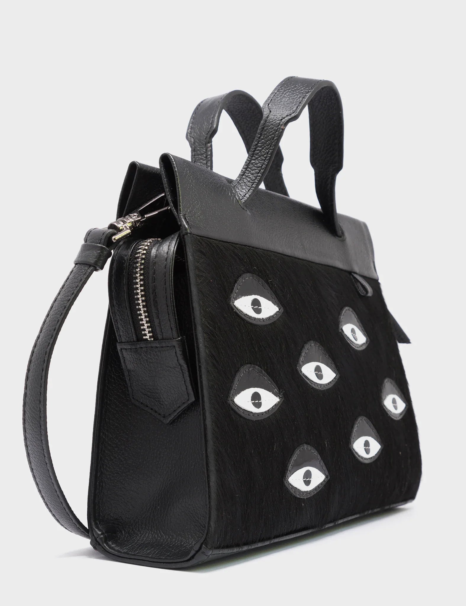 Vali Crossbody Small Black Leather Bag - Eyes Applique Adjustable Handle