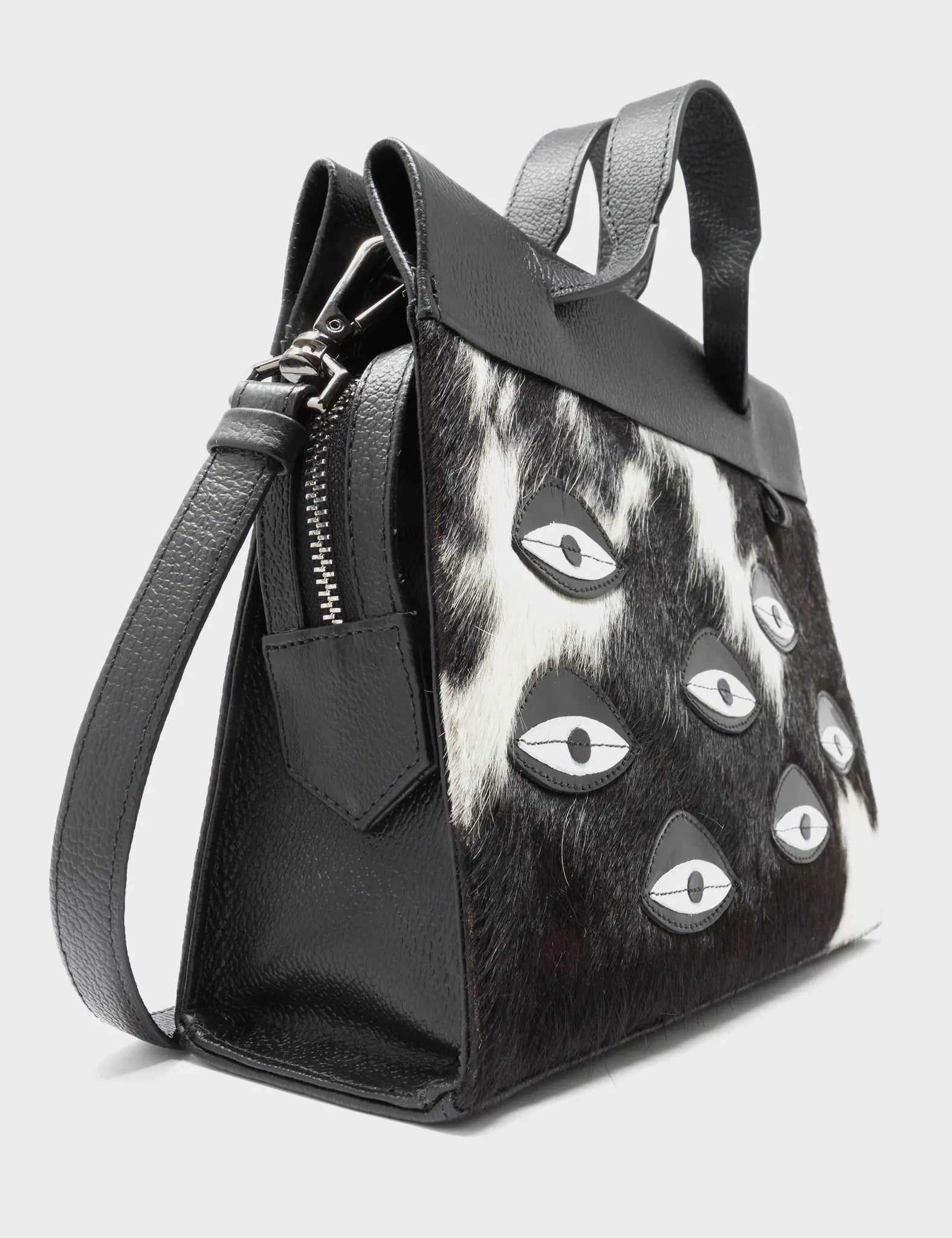 Vali Crossbody Small Black Leather Bag - Eyes Applique Adjustable Handle