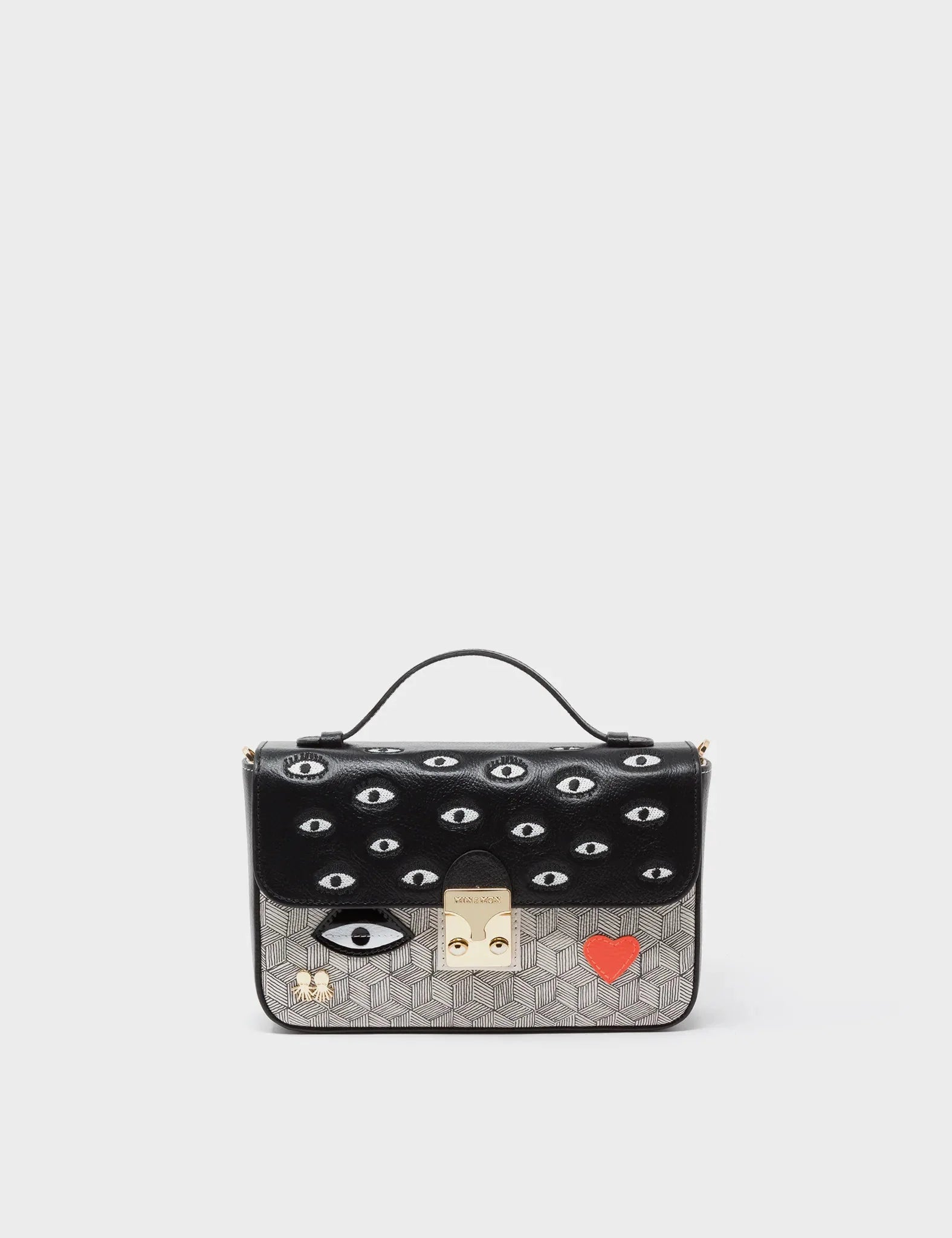 Amantis Black And Cream Leather Crossbody Mini Handbag - All Over Eyes Embroidery