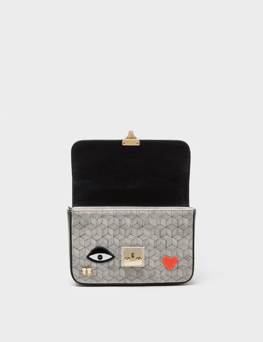 Amantis Black And Cream Leather Crossbody Mini Handbag - All Over Eyes Embroidery