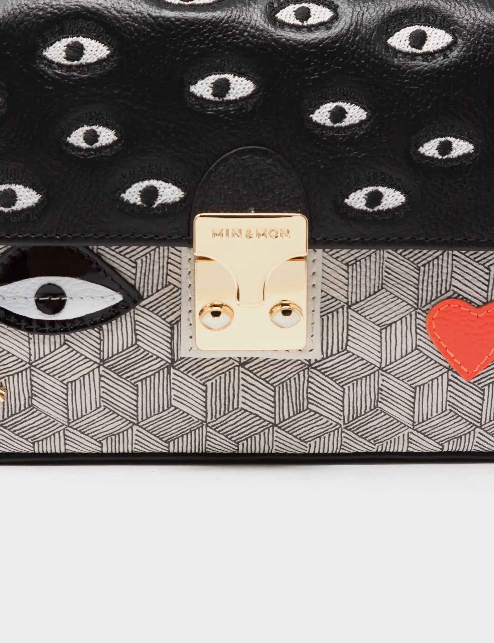 Amantis Black And Cream Leather Crossbody Mini Handbag - All Over Eyes Embroidery
