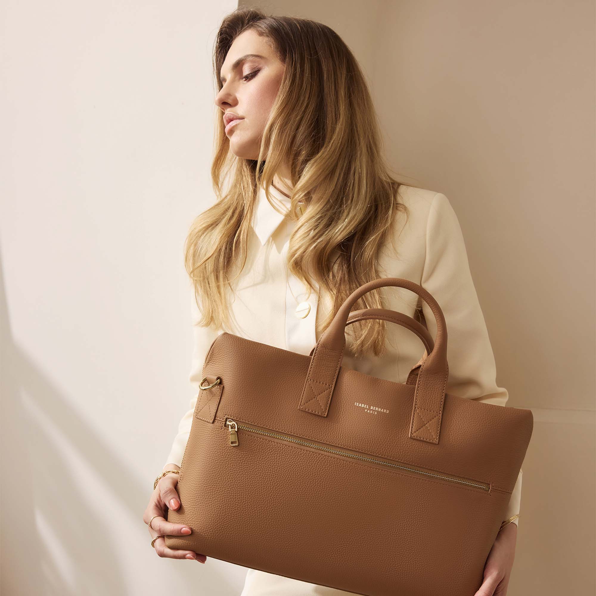 Honoré Anique camel calfskin leather handbag with 16.4 inch laptop pocket