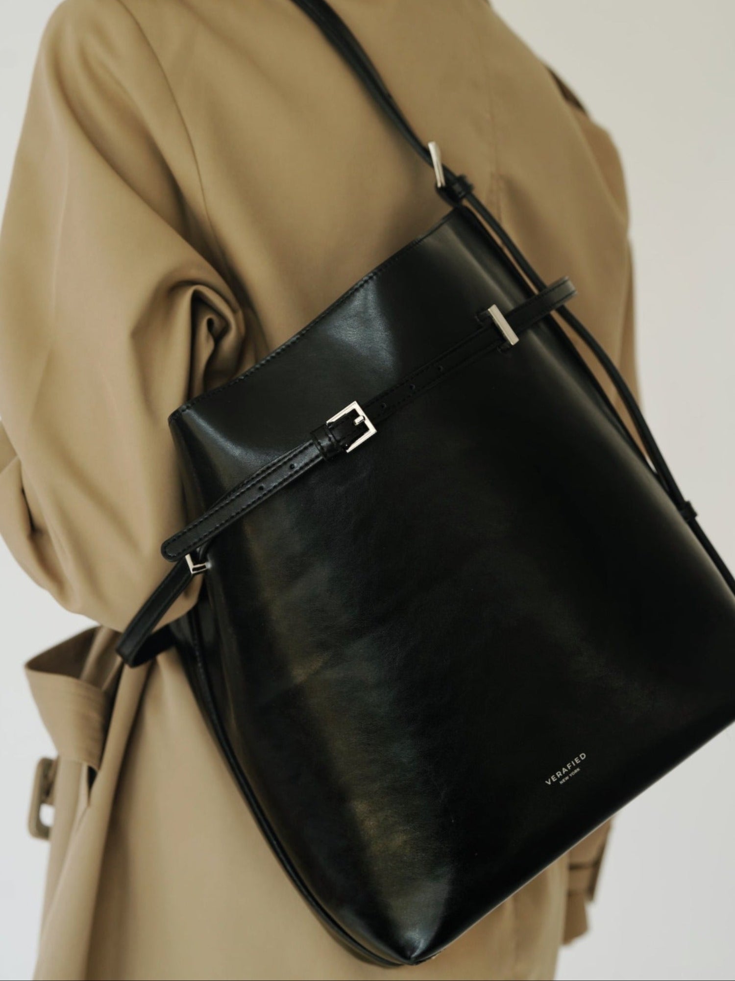 Black Belted Leather Tote Bag