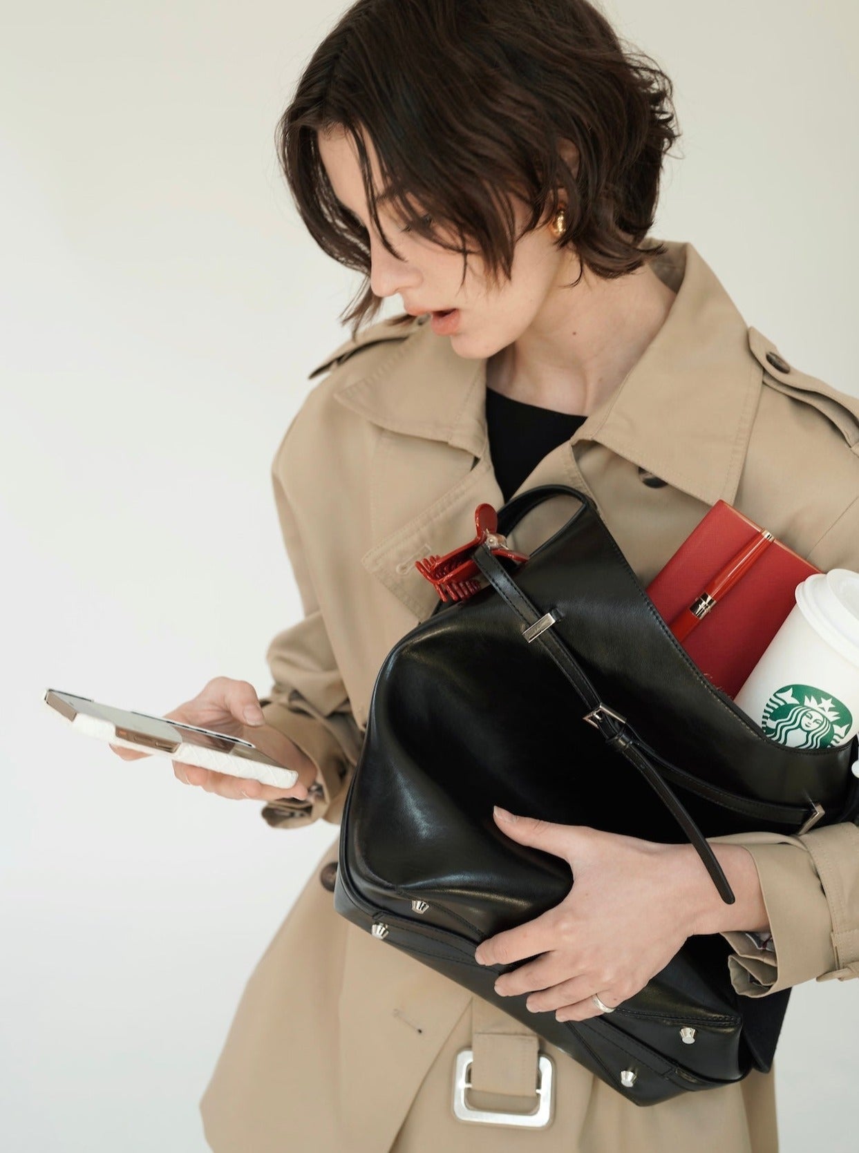 Black Belted Leather Tote Bag