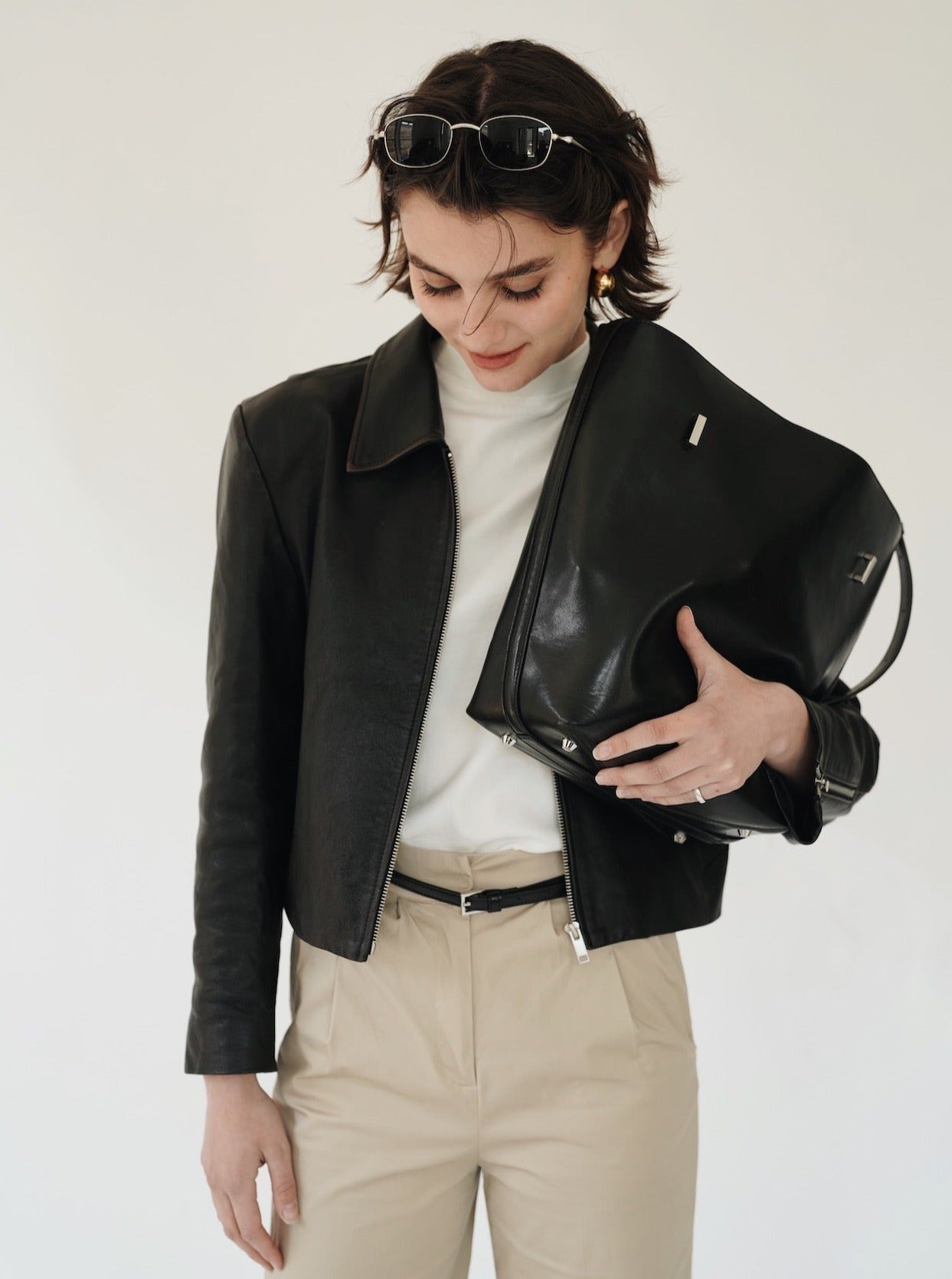 Black Belted Leather Tote Bag