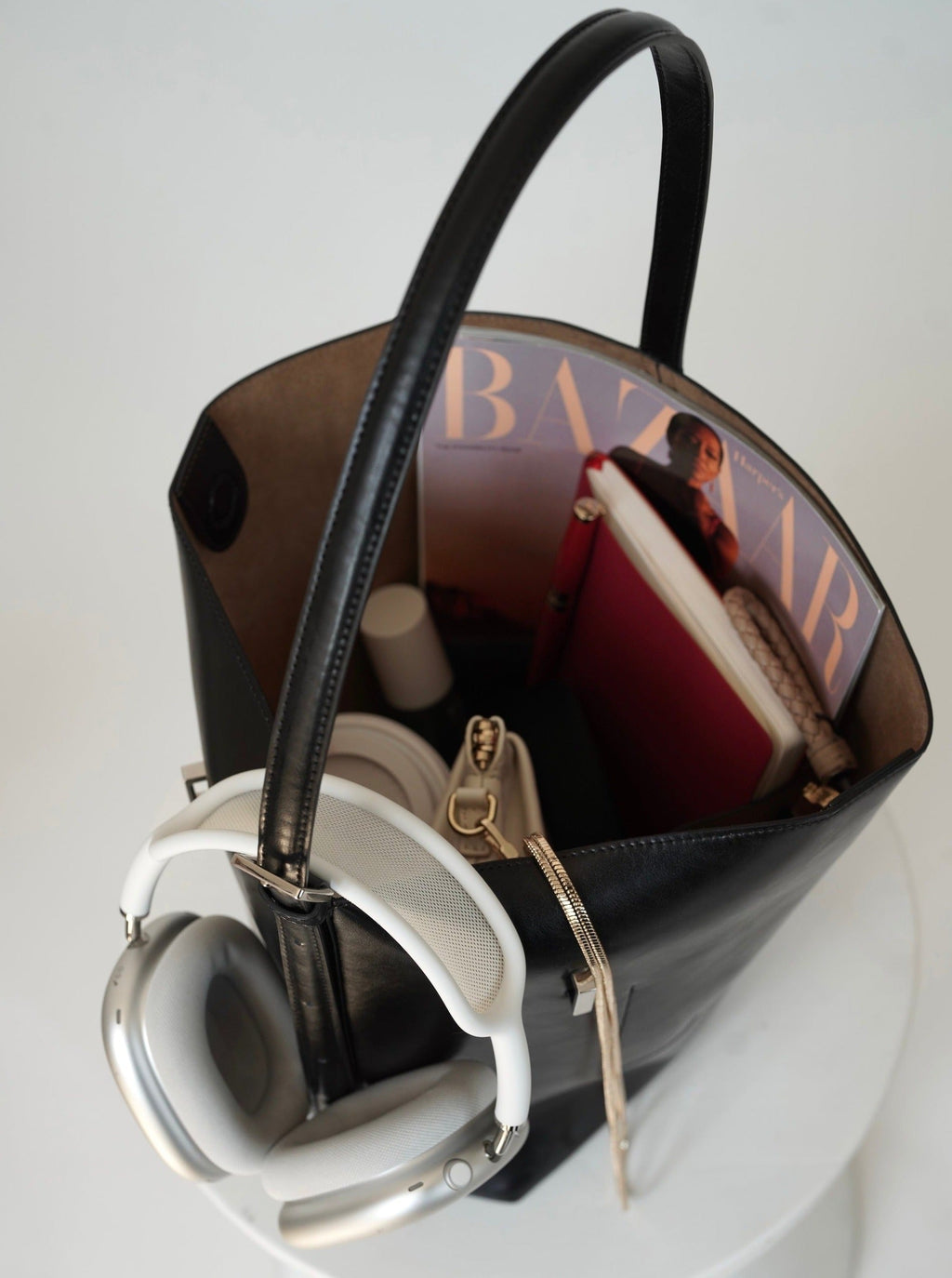 Black Belted Leather Tote Bag
