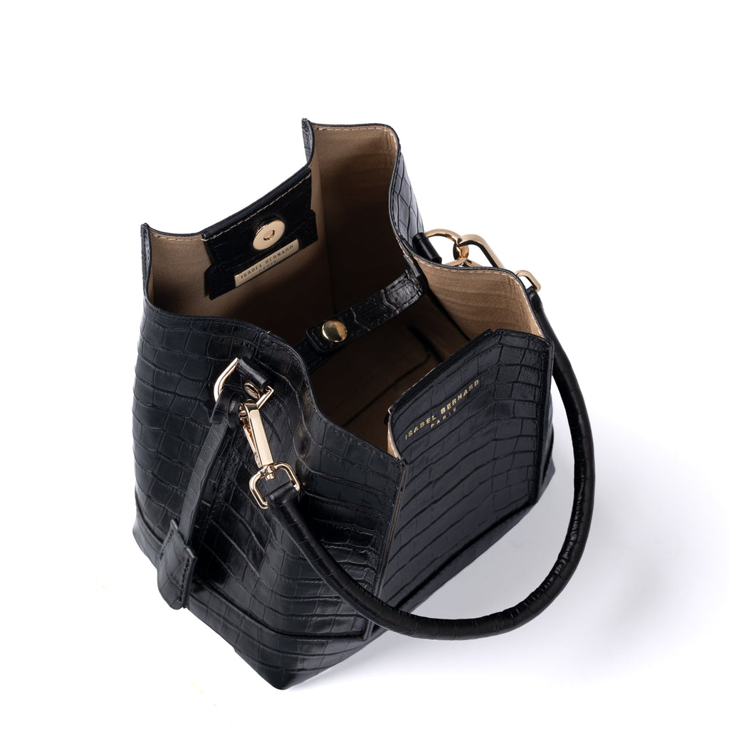 Femme Forte Minette croco black calfskin leather handbag