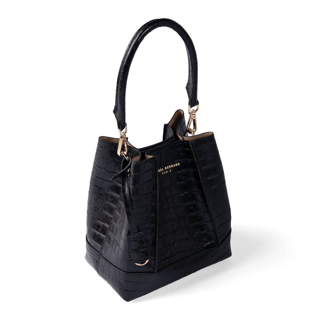 Femme Forte Minette croco black calfskin leather handbag