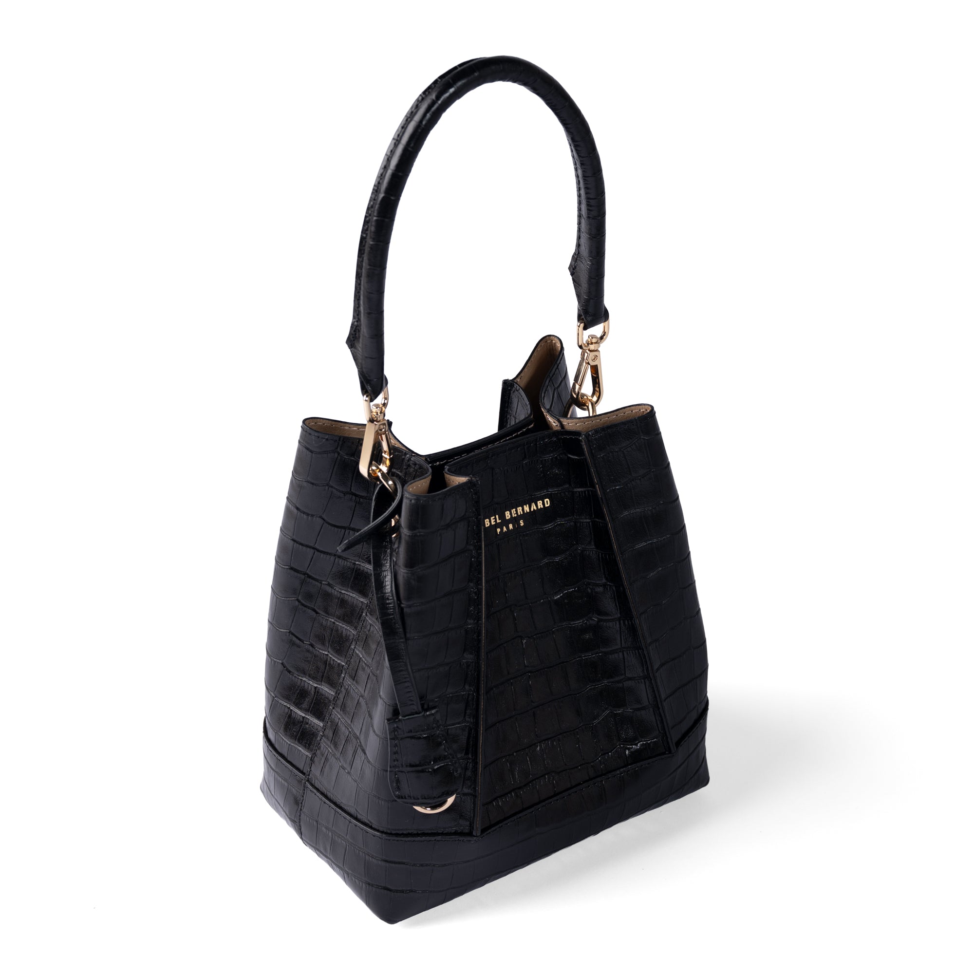 Femme Forte Minette croco black calfskin leather handbag
