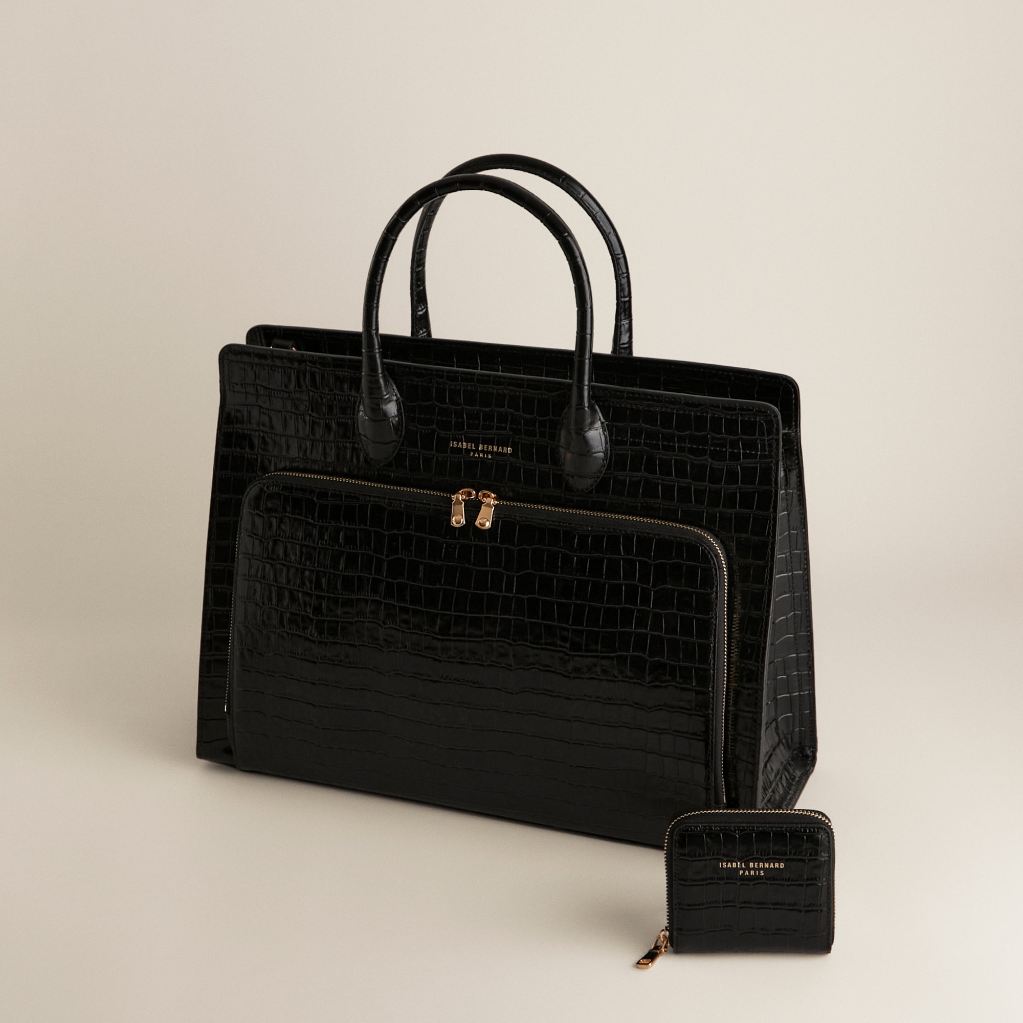 Cadeau d'Isabel croco black calfskin leather handbag and wallet set