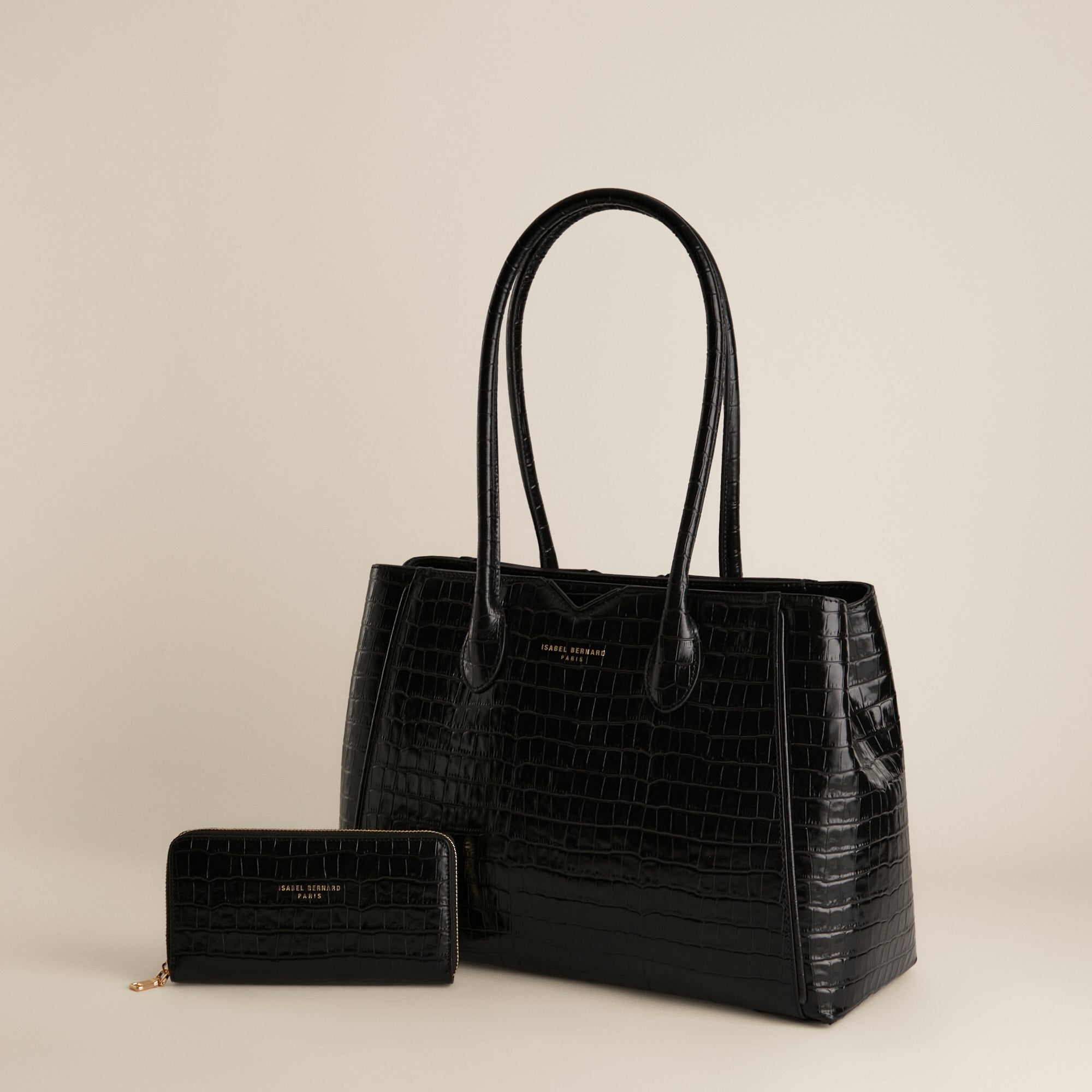Cadeau d'Isabel croco black calfskin leather handbag and wallet set