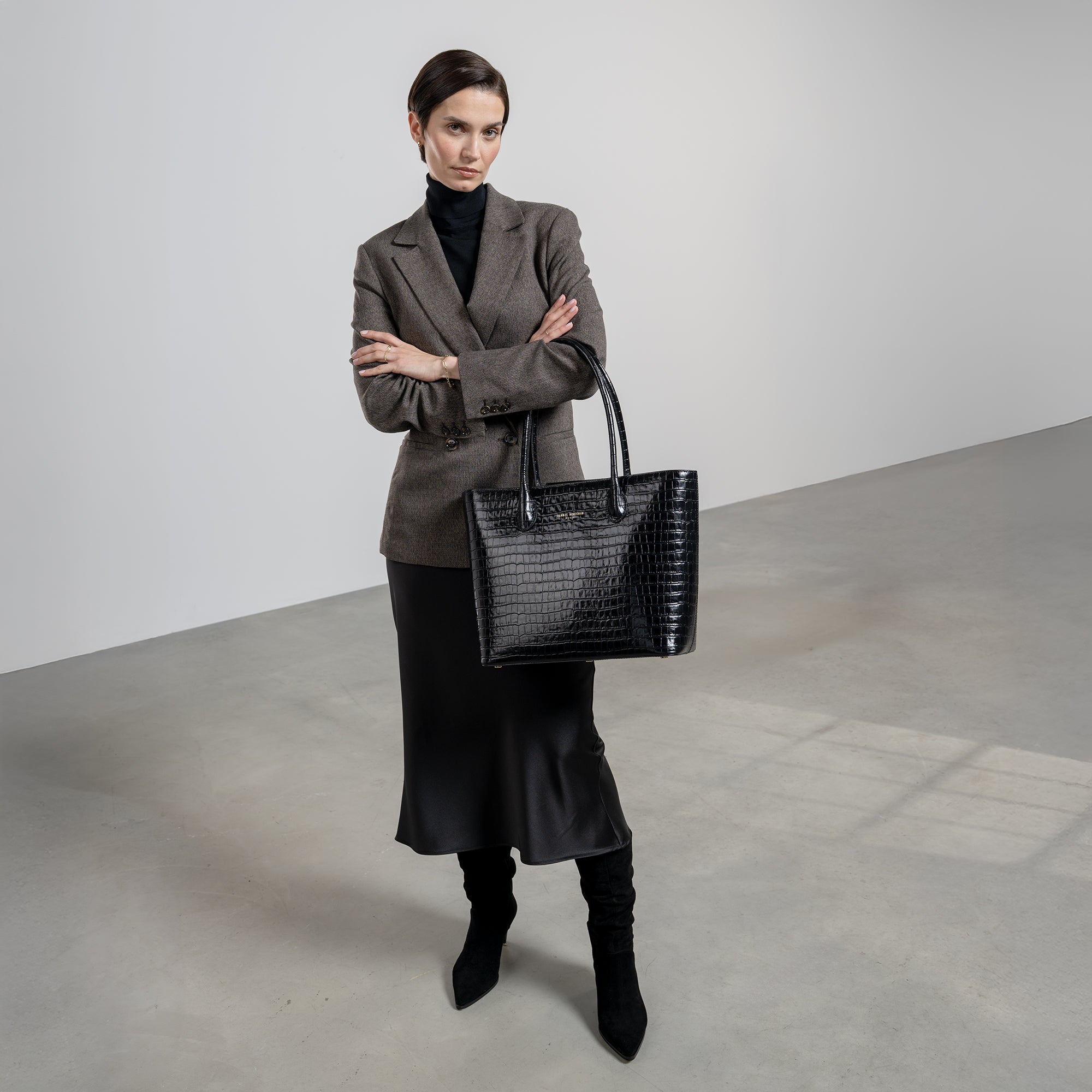 Honoré Lysanne croco black calfskin leather shopper