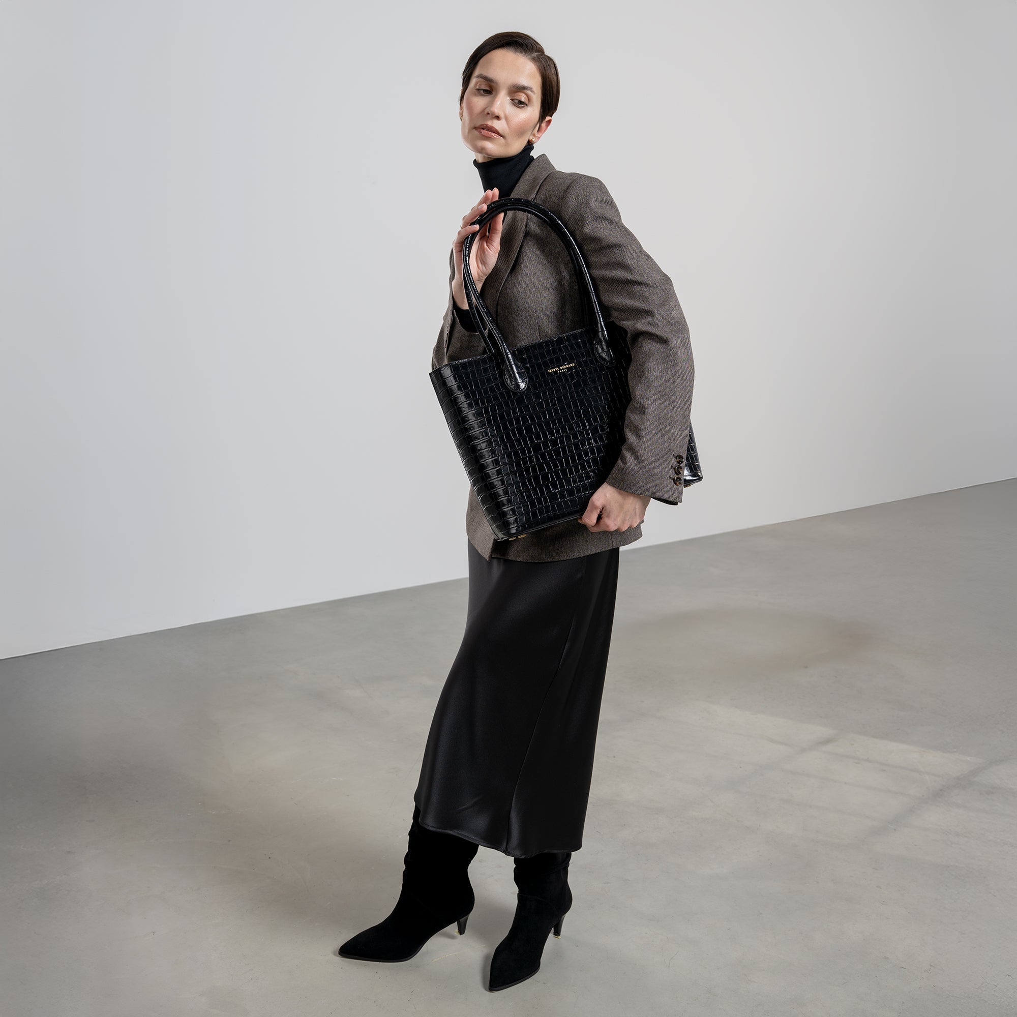 Honoré Lysanne croco black calfskin leather shopper