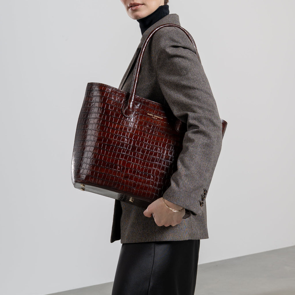 Cadeau d'Isabel croco brown calfskin leather shopper and wallet set