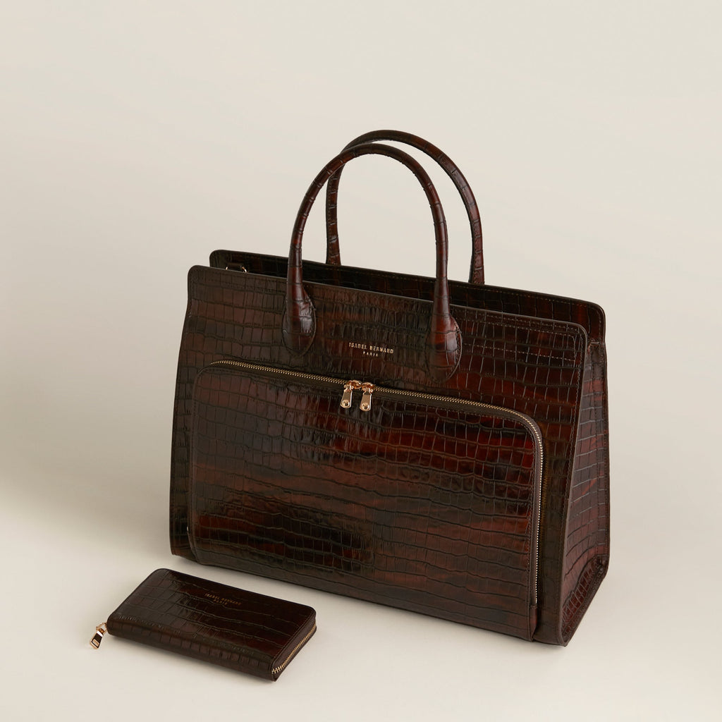Cadeau d'Isabel croco brown calfskin leather handbag and wallet set