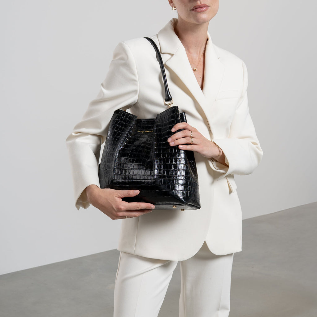 Femme Forte Macie croco black calfskin leather handbag