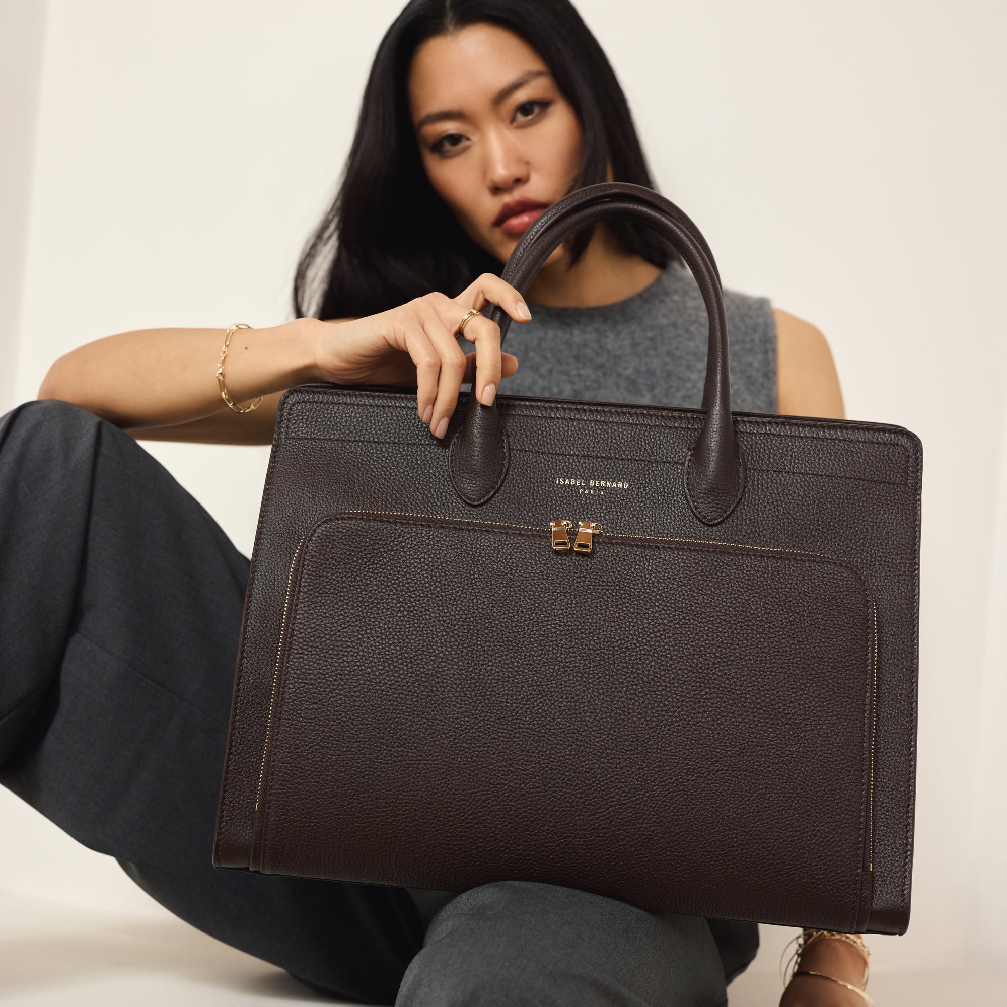 Honoré Nadine brown calfskin leather handbag with 16.4 inch laptop pocket