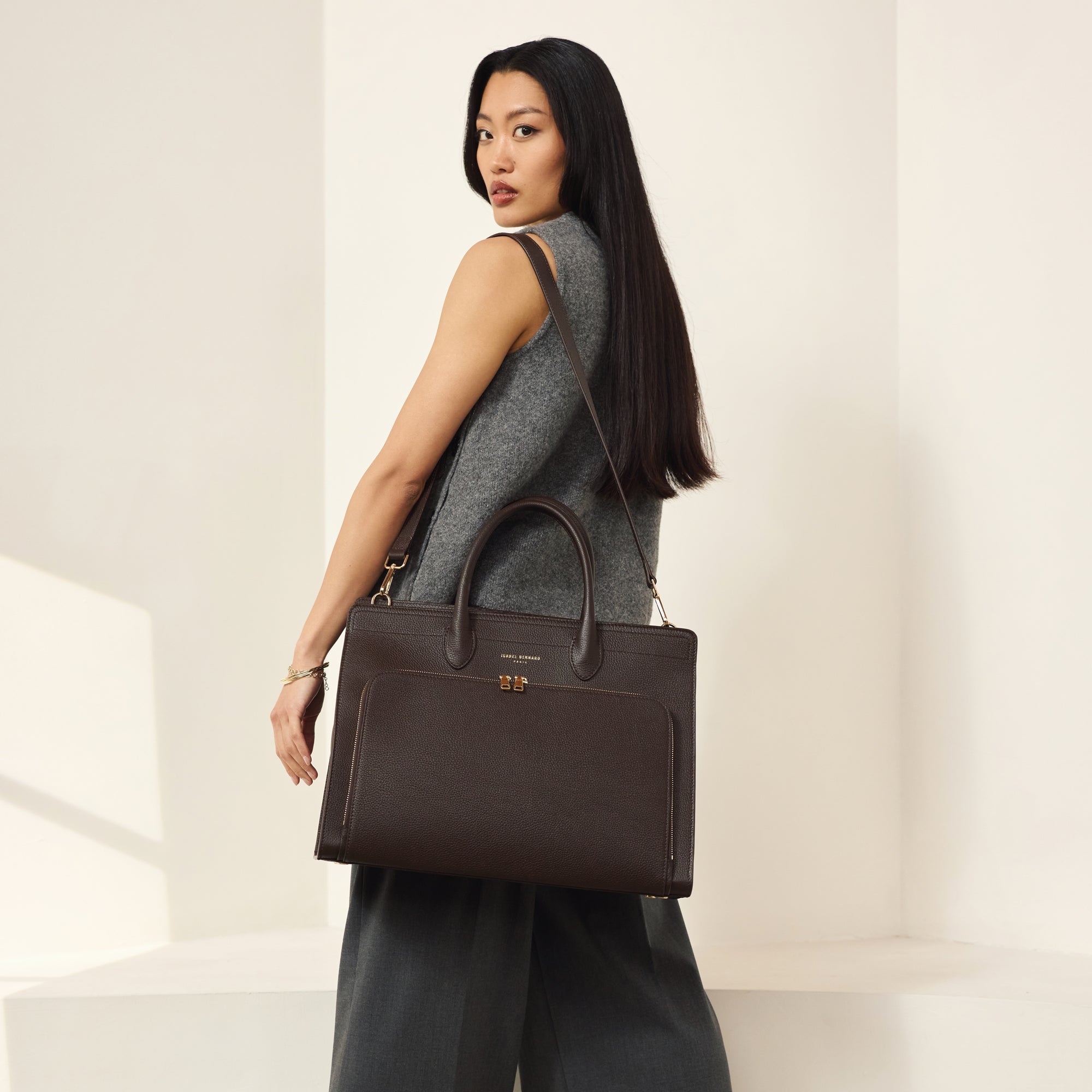 Honoré Nadine brown calfskin leather handbag with 16.4 inch laptop pocket