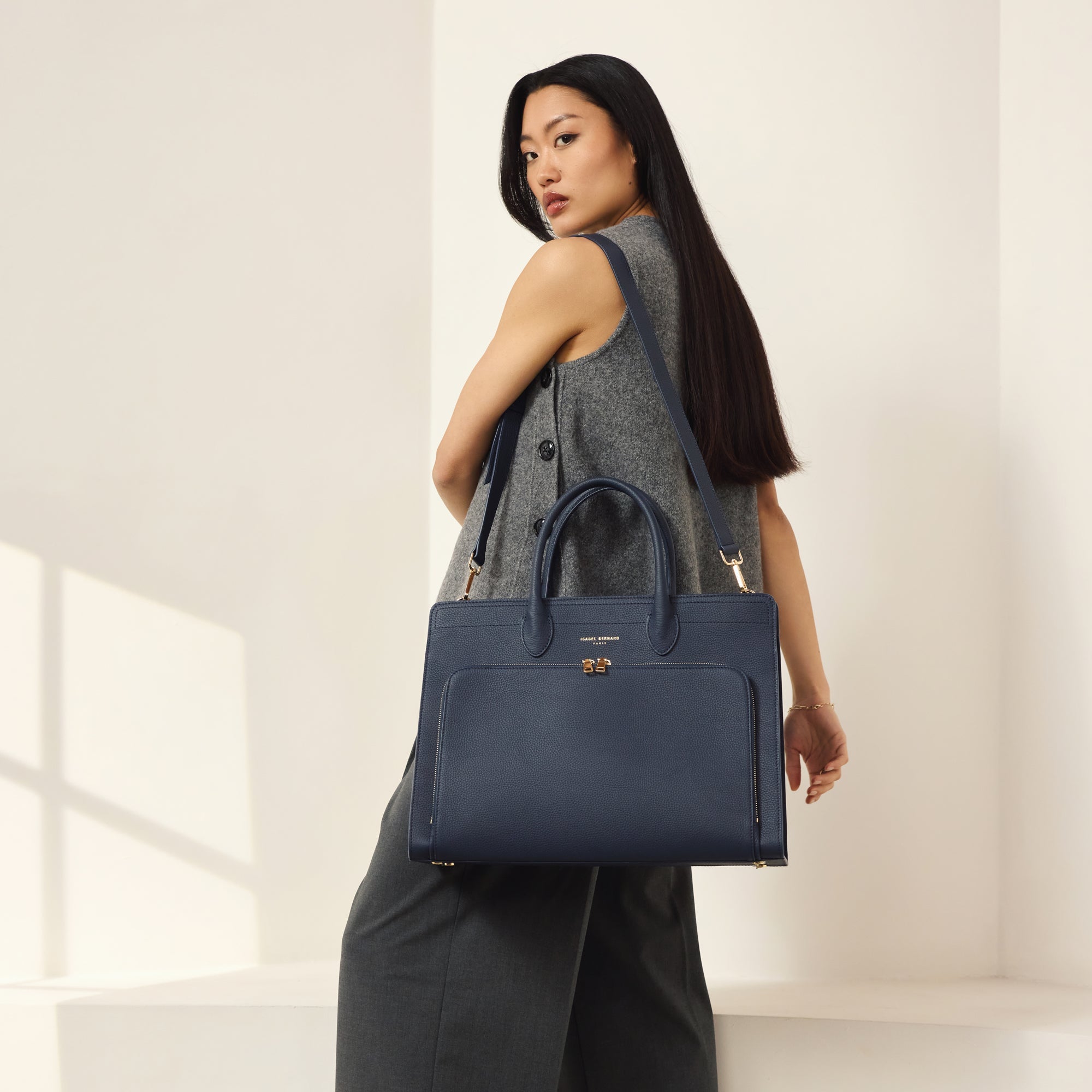Honoré Nadine blue calfskin leather handbag with 16.4 inch laptop pocket