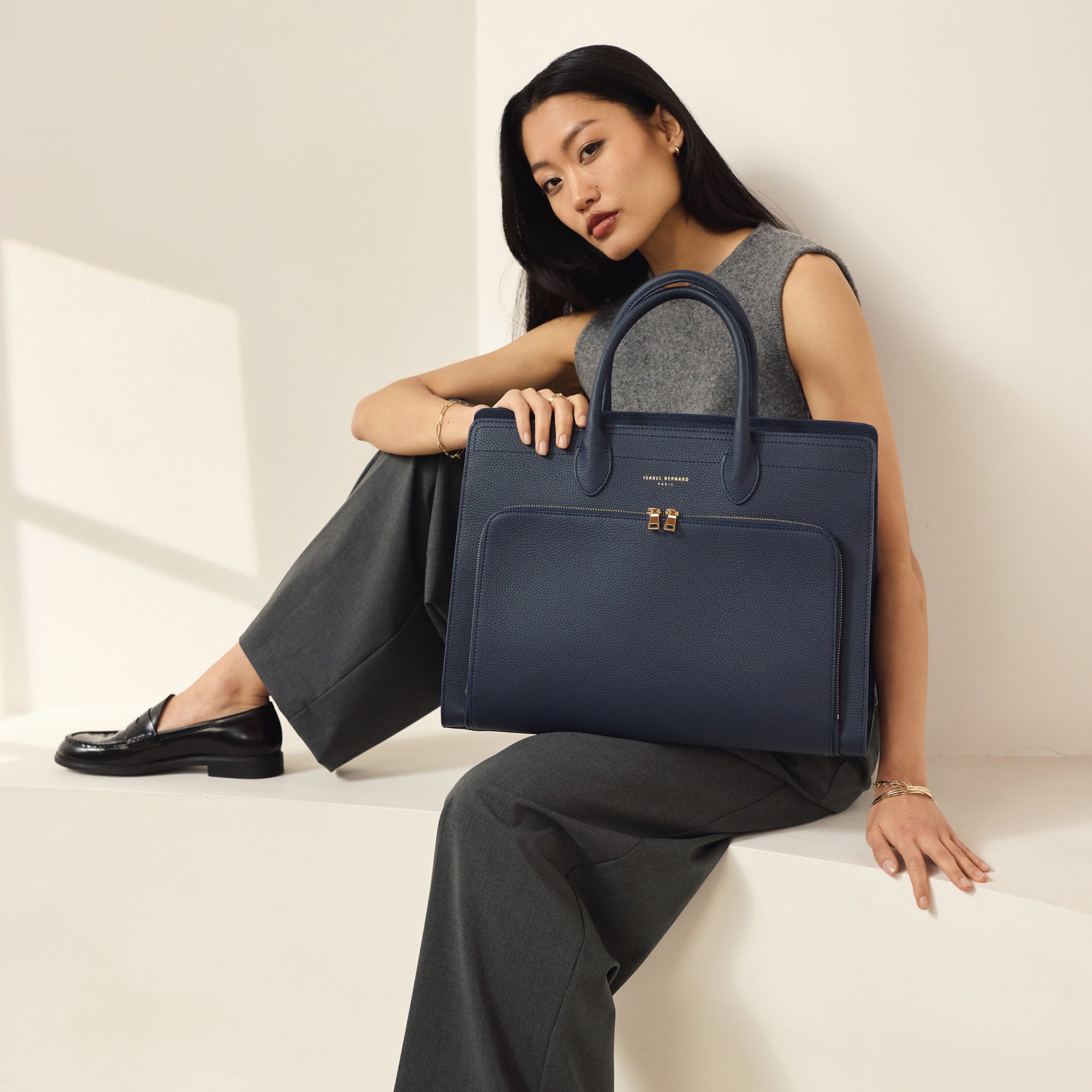 Honoré Nadine blue calfskin leather handbag with 16.4 inch laptop pocket