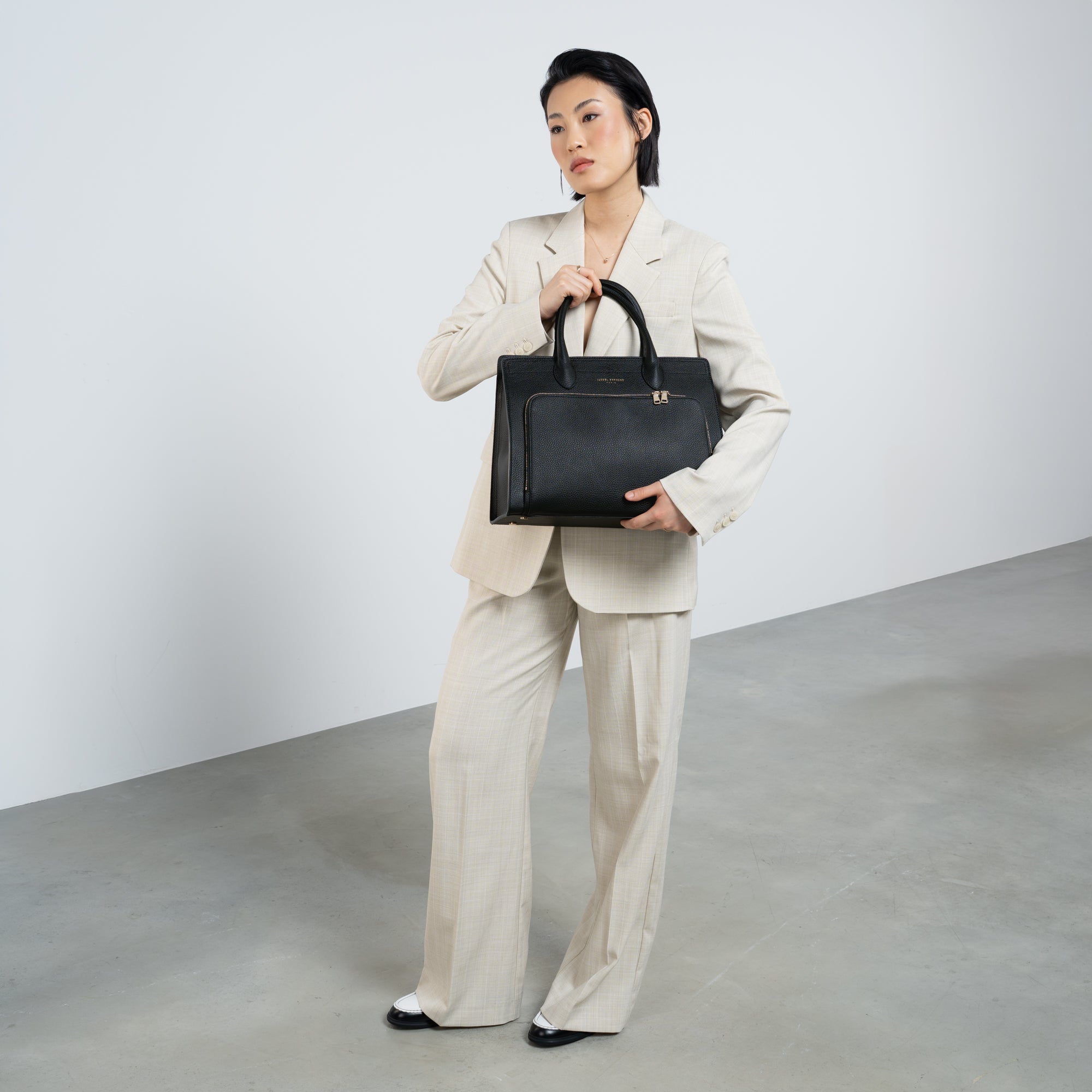 Honoré Nadine black calfskin leather handbag with 13 inch laptop pocket