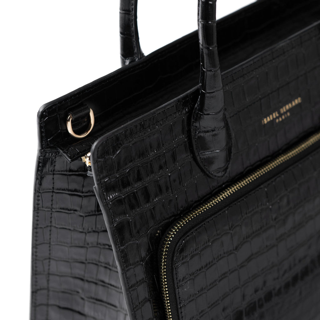 Honoré Nadine croco black leather handbag with 13 inch laptop pocket