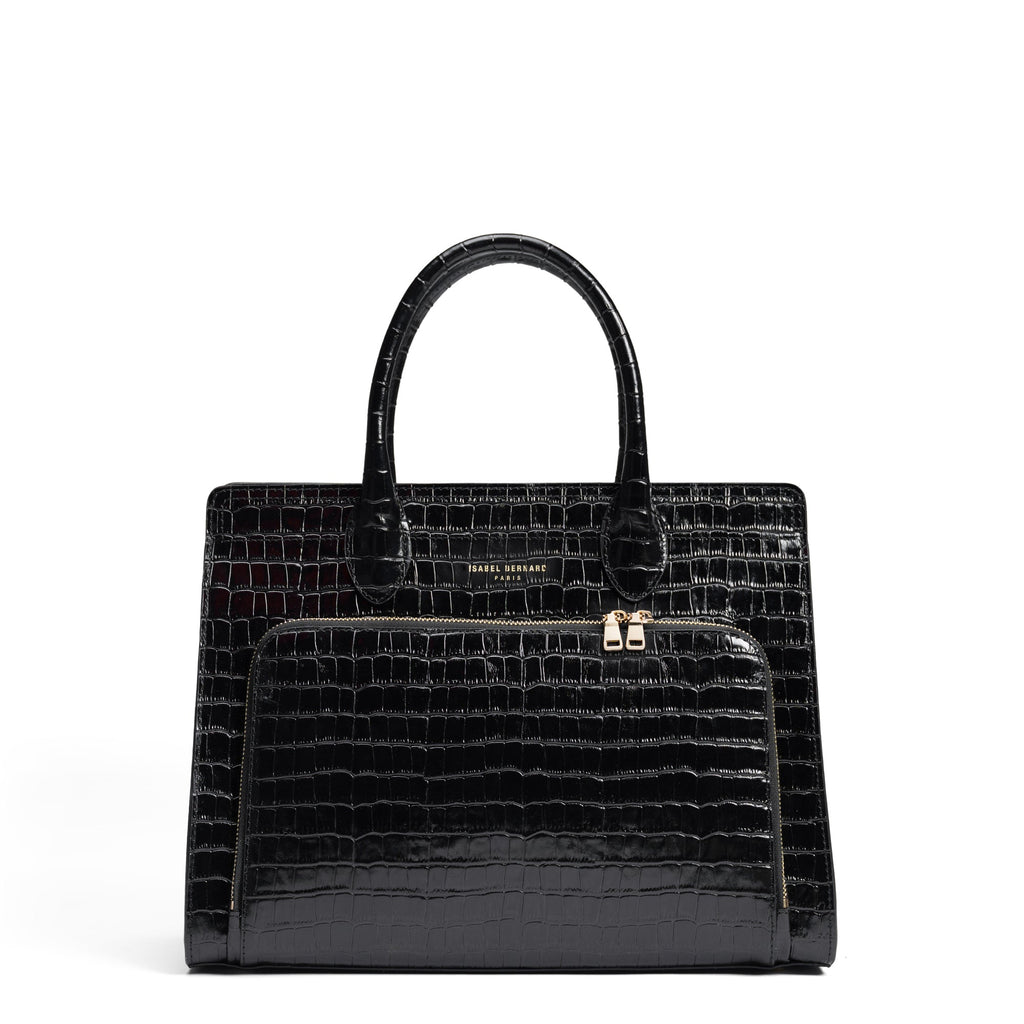 Honoré Nadine croco black leather handbag with 13 inch laptop pocket