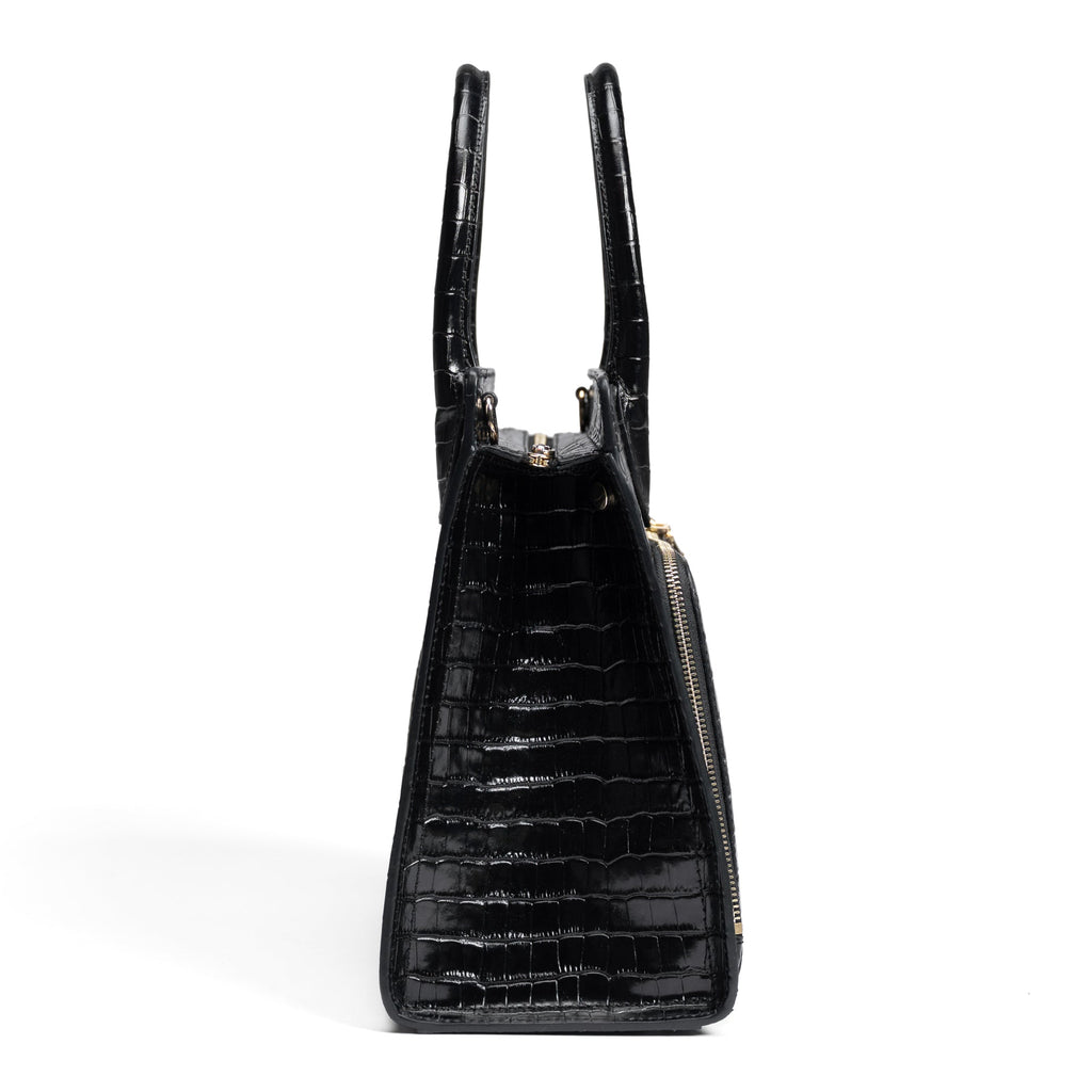 Honoré Nadine croco black leather handbag with 13 inch laptop pocket