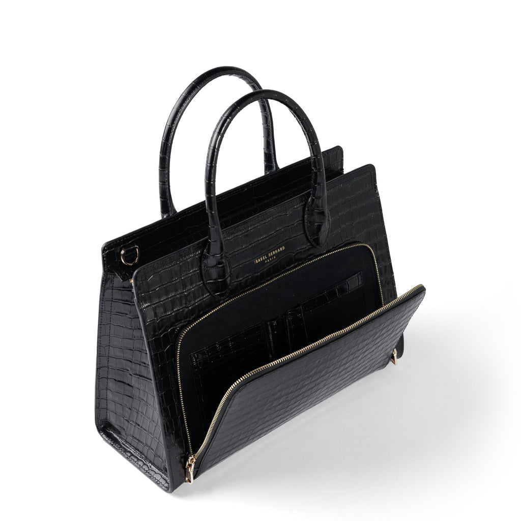 Honoré Nadine croco black leather handbag with 13 inch laptop pocket
