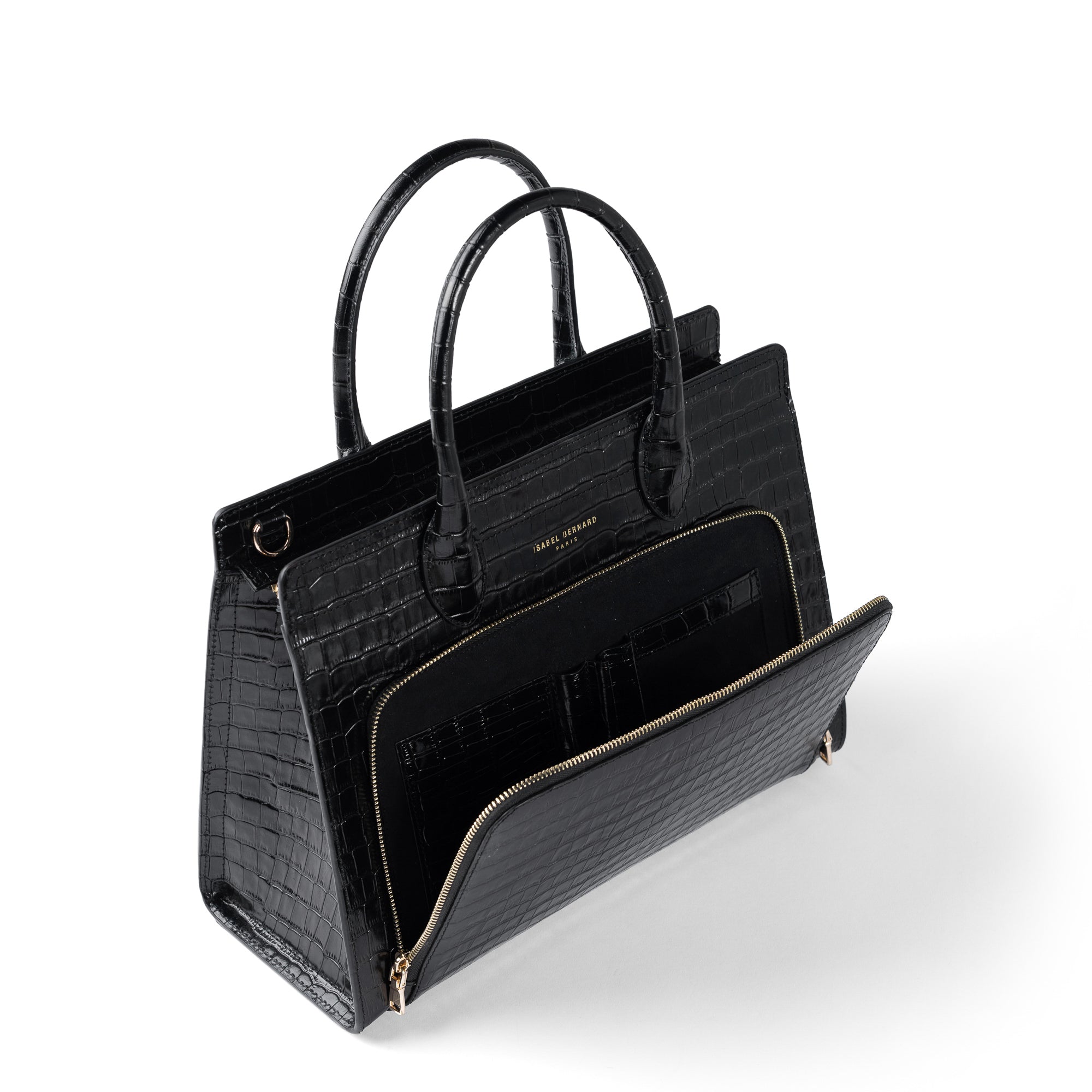 Honoré Nadine croco black leather handbag with 13 inch laptop pocket