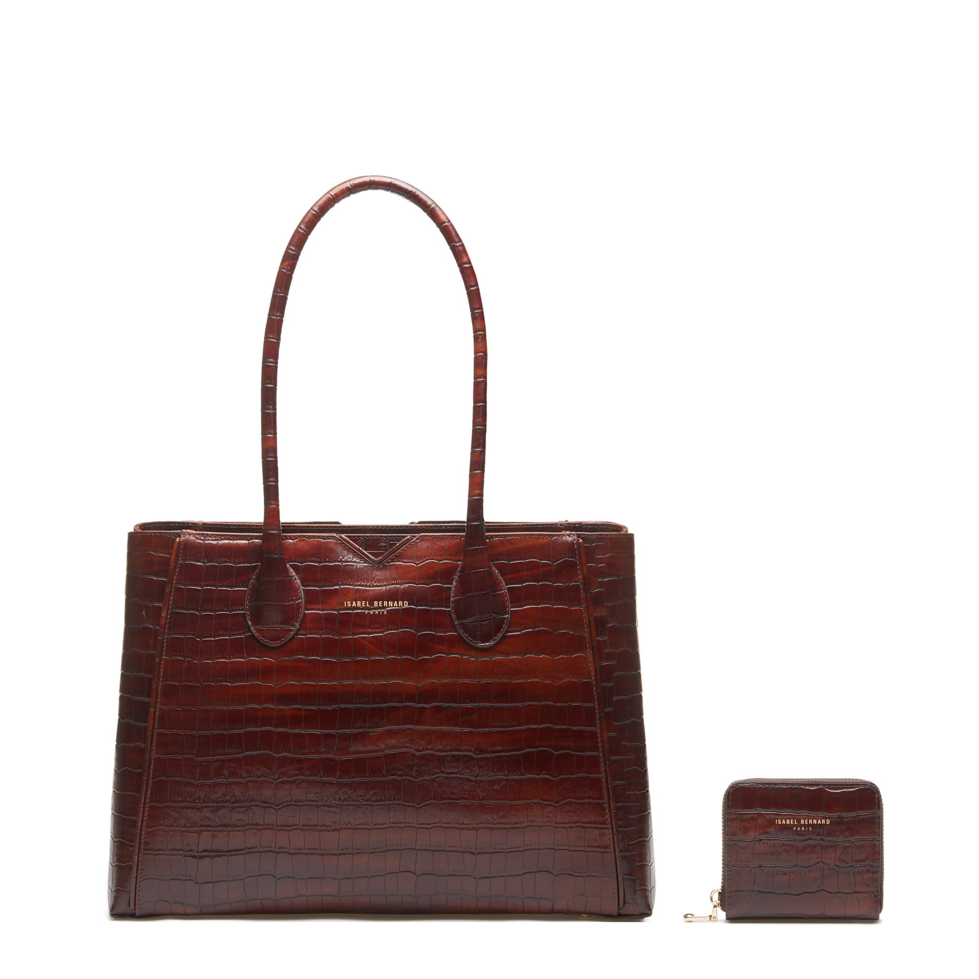 Cadeau d'Isabel croco brown calfskin leather handbag and wallet set