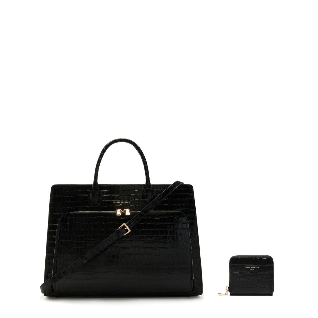 Cadeau d'Isabel croco black calfskin leather handbag and wallet set