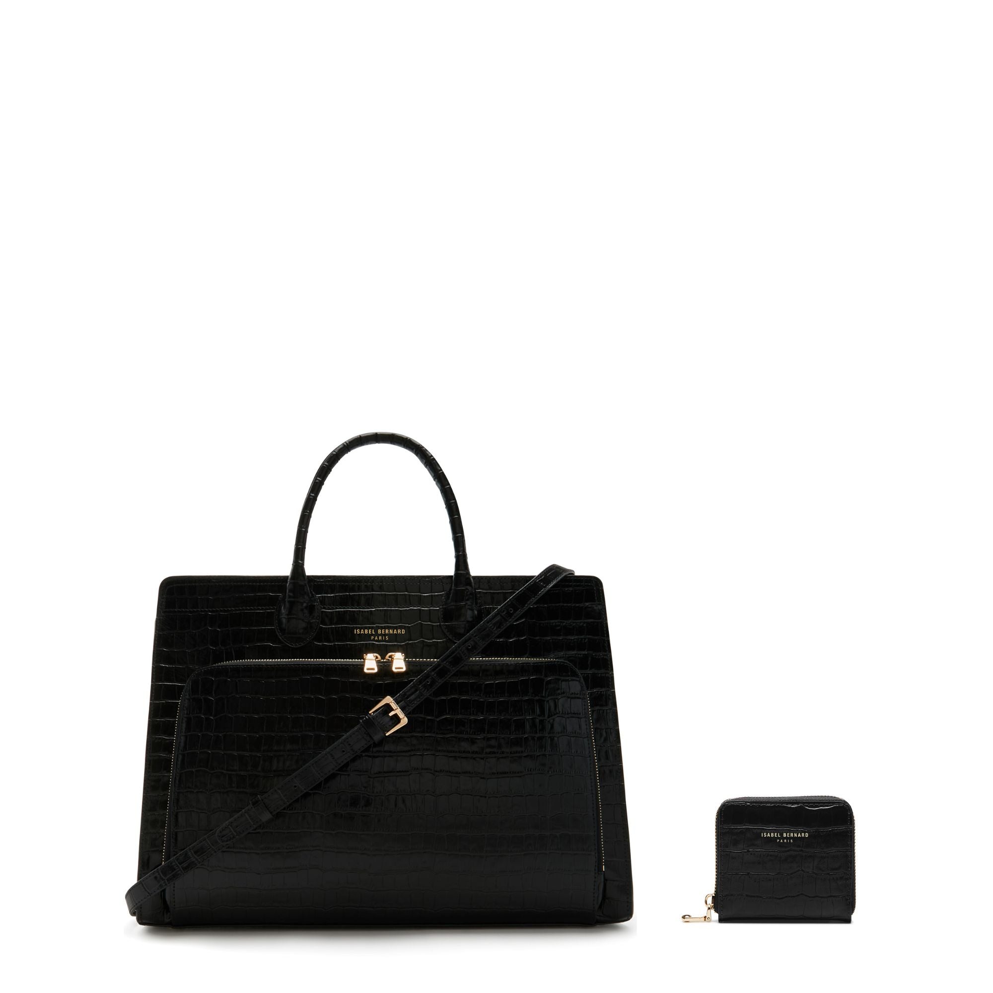 Cadeau d'Isabel croco black calfskin leather handbag and wallet set