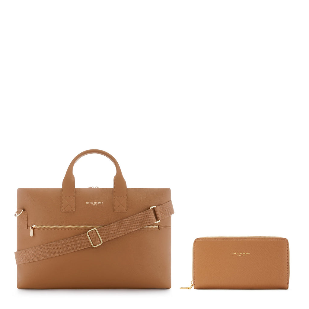 Cadeau d'Isabel camel calfskin leather handbag and wallet set