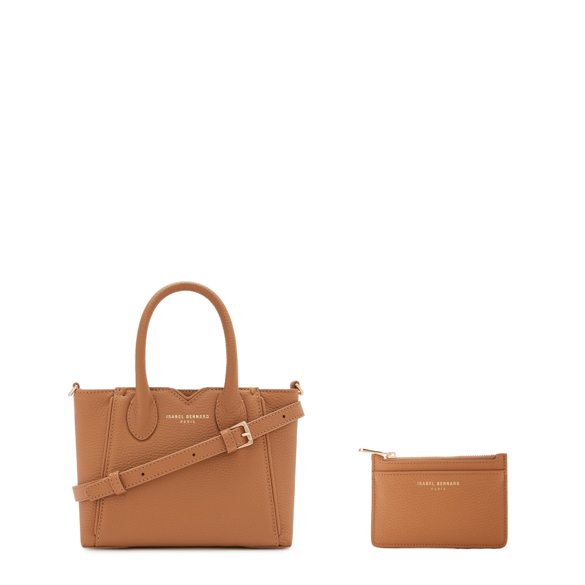 Cadeau d'Isabel camel calfskin leather handbag and cardholder set