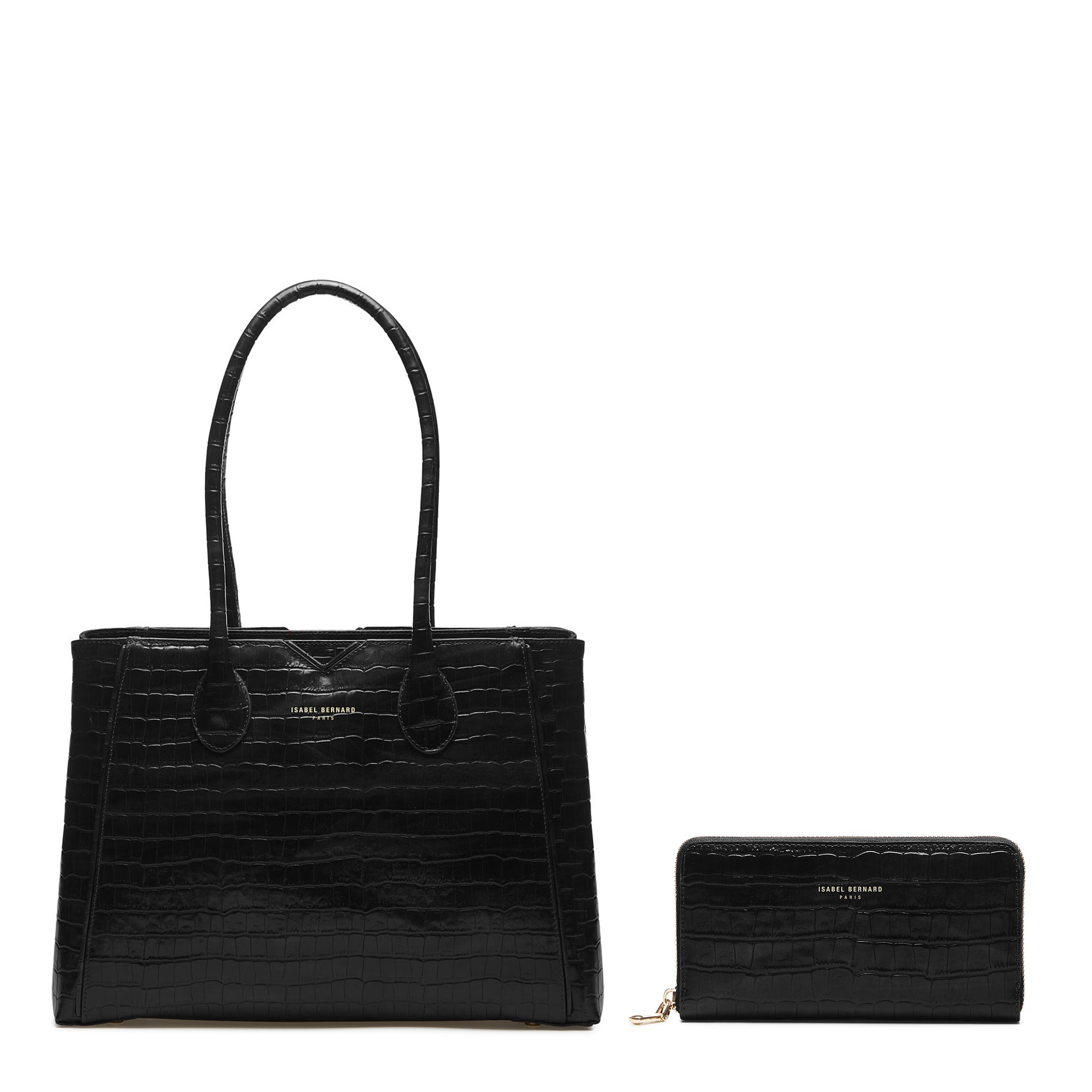 Cadeau d'Isabel croco black calfskin leather handbag and wallet set