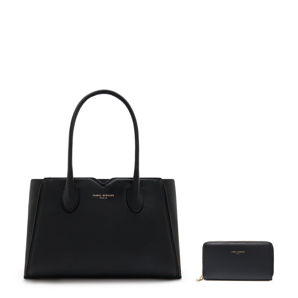 Cadeau d'Isabel black calfskin leather handbag and wallet set