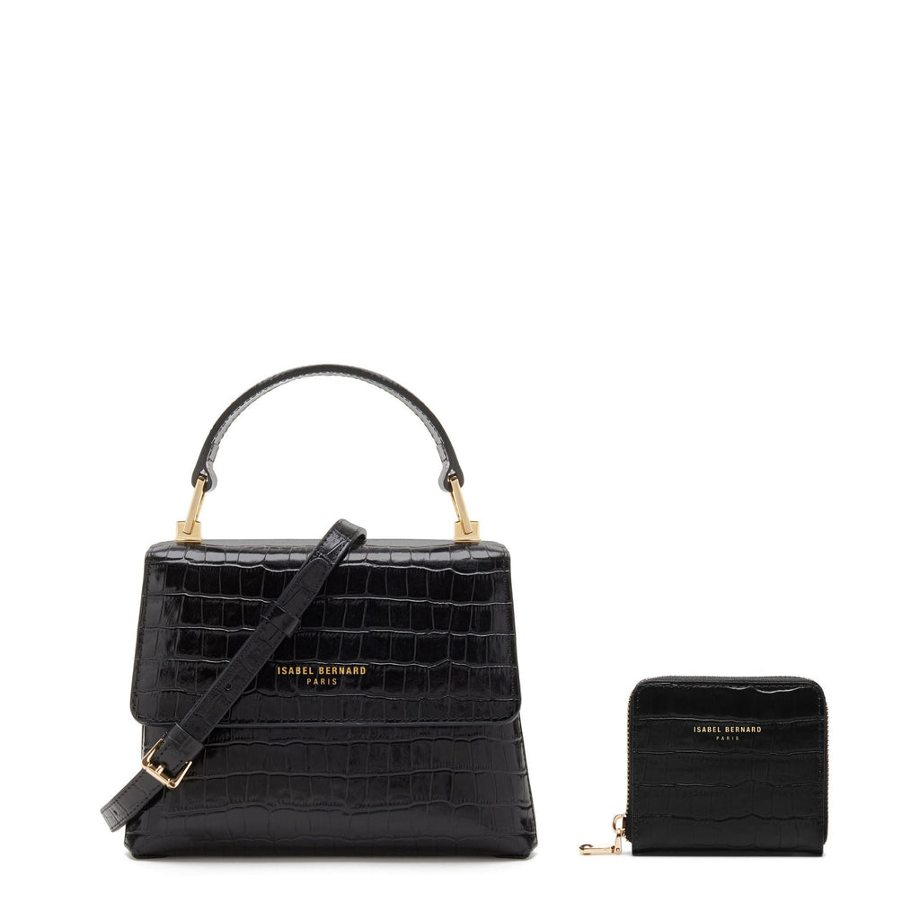 Cadeau d'Isabel croco black calfskin leather handbag and wallet set