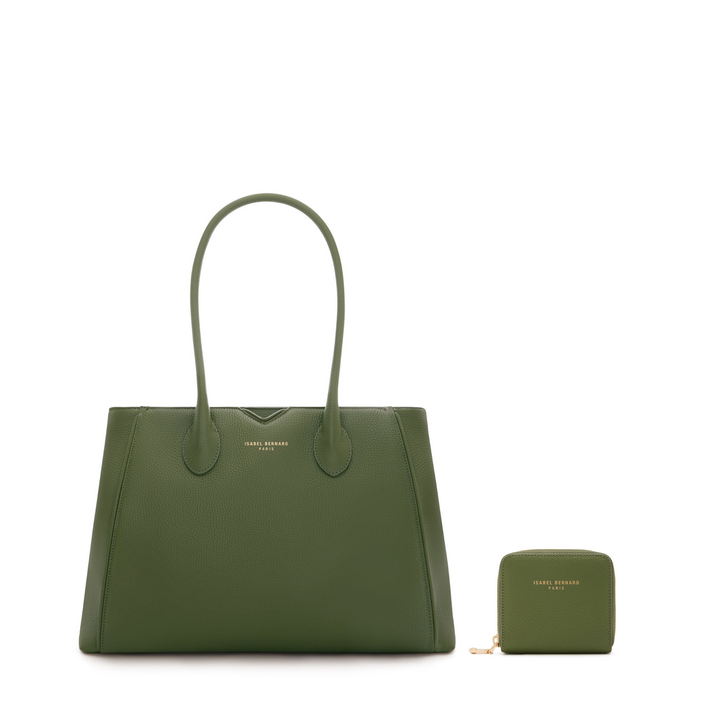 Cadeau d'Isabel green calfskin leather handbag and wallet set