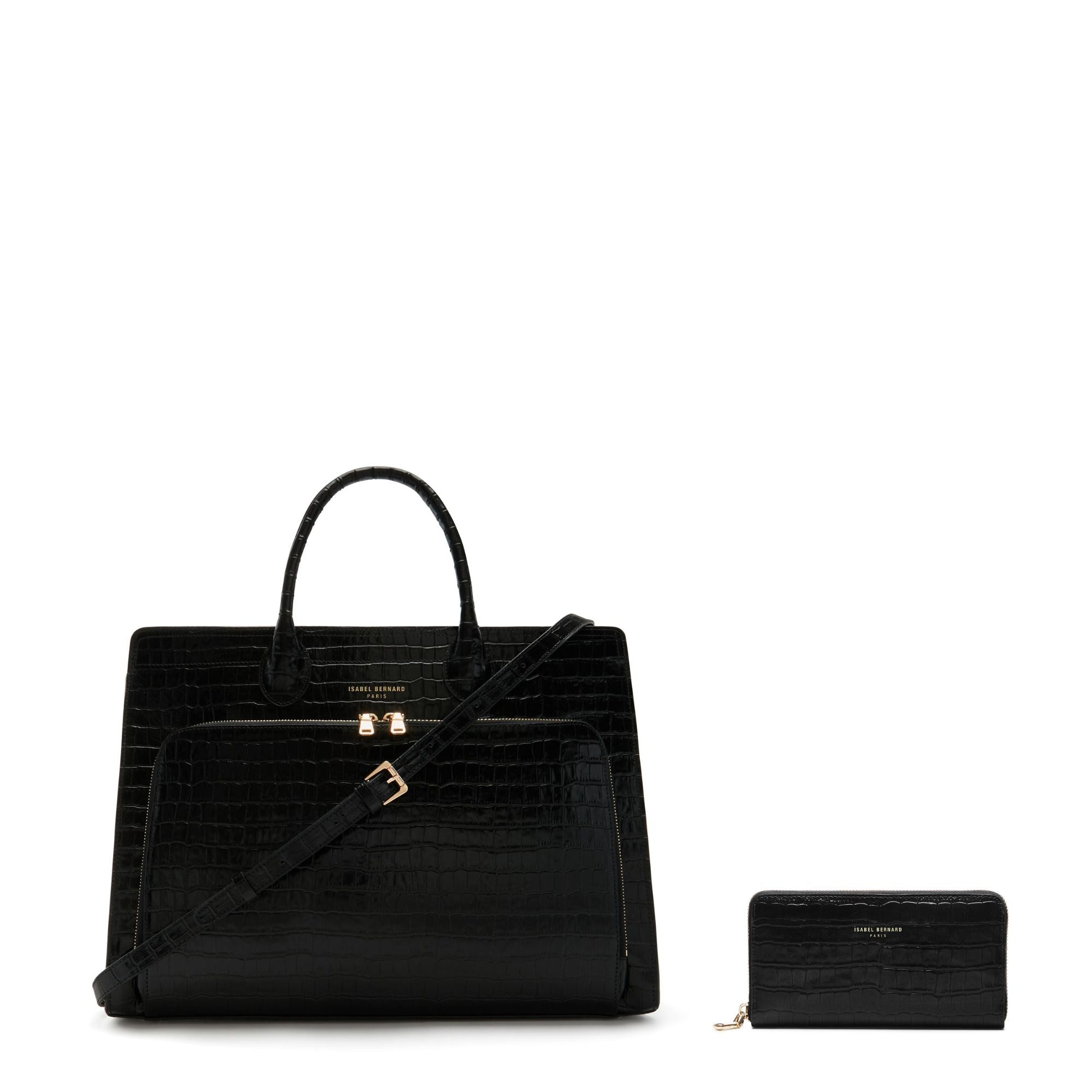 Cadeau d'Isabel croco black calfskin leather handbag and wallet set