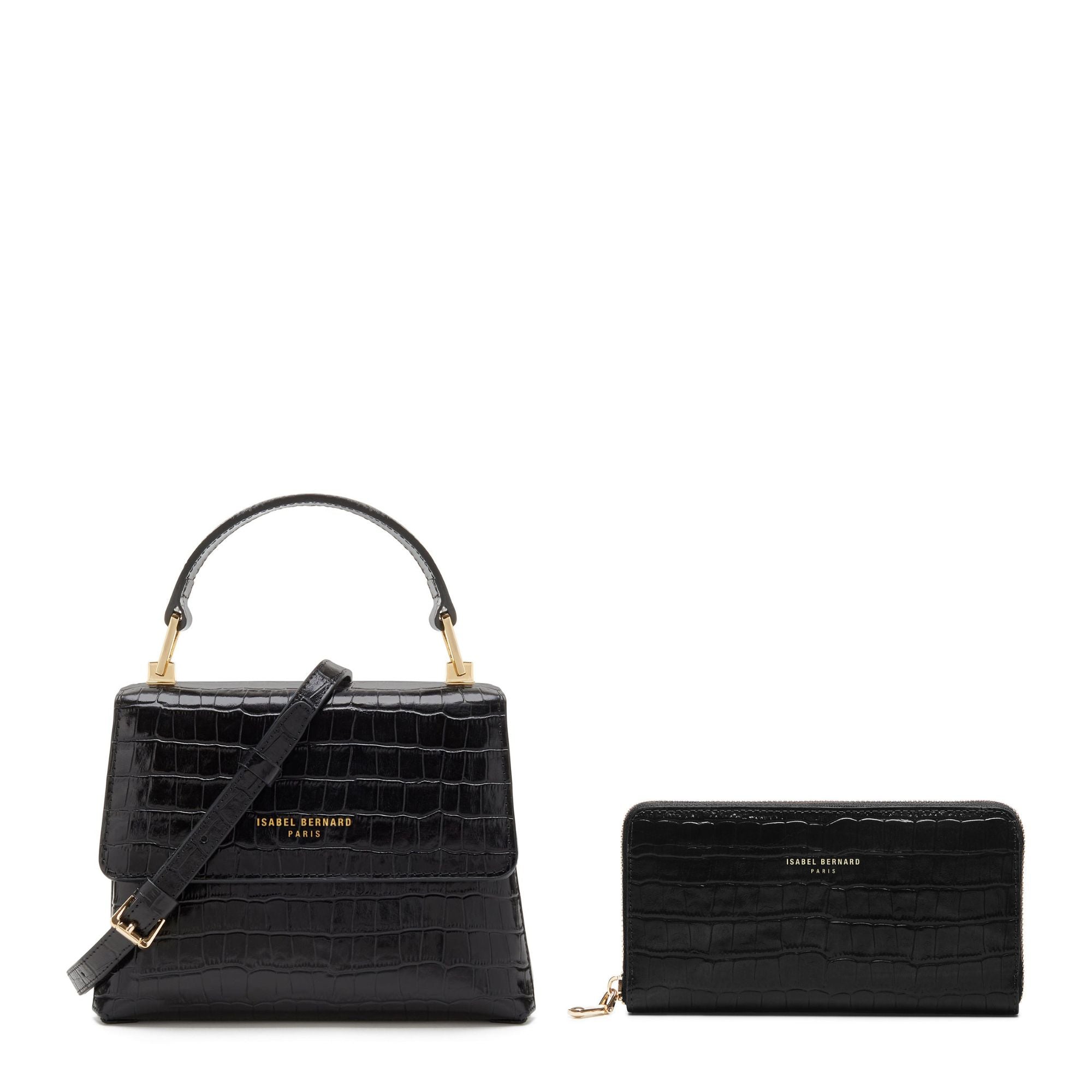 Cadeau d'Isabel croco black calfskin leather handbag and wallet set