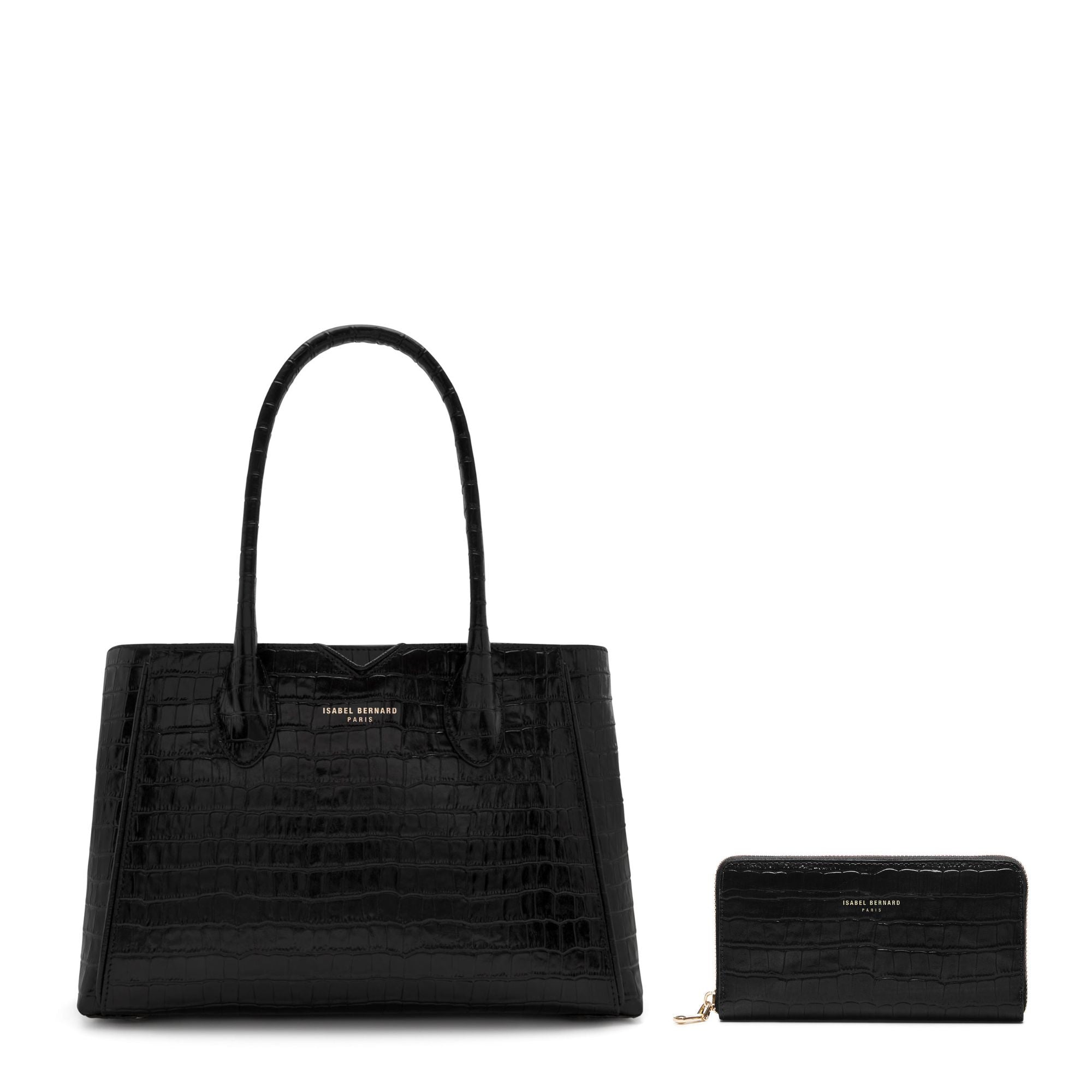 Cadeau d'Isabel croco black calfskin leather handbag and wallet set