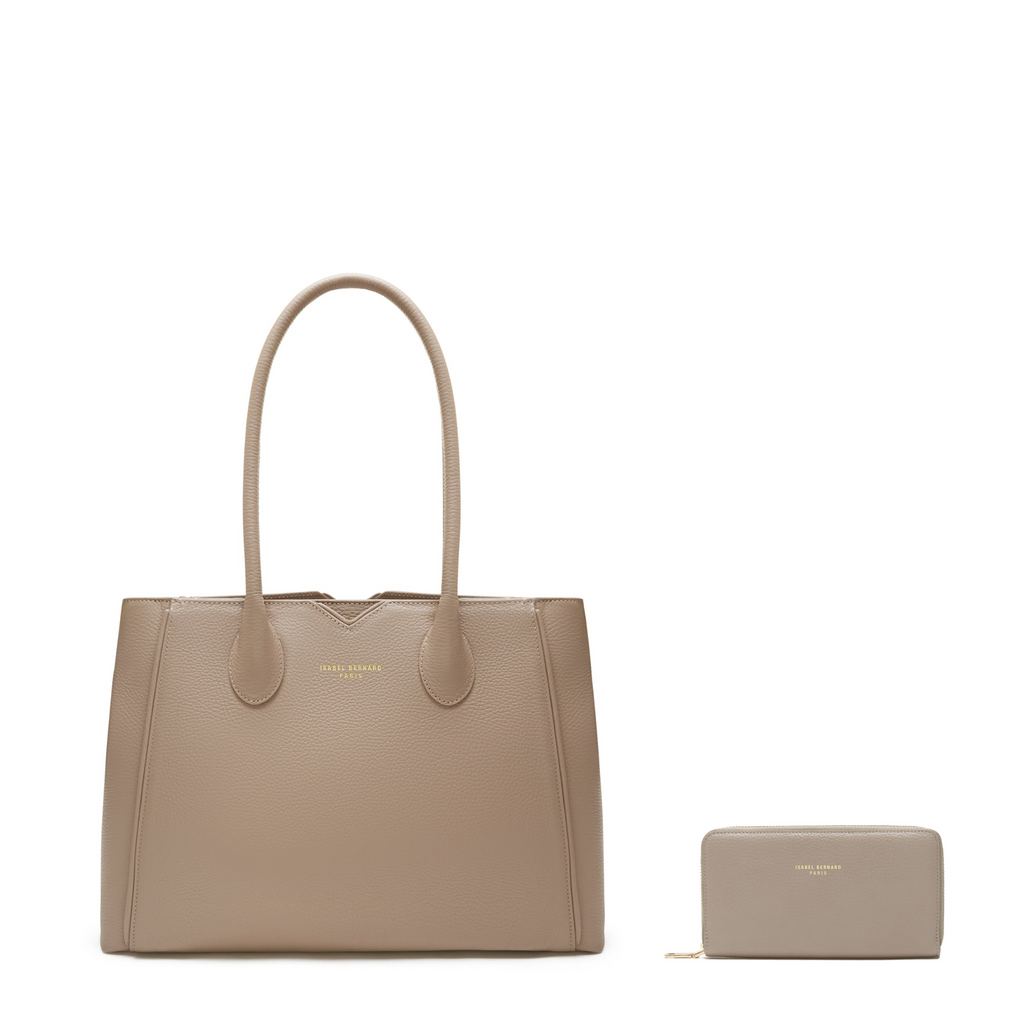 Cadeau d'Isabel taupe calfskin leather handbag and wallet set