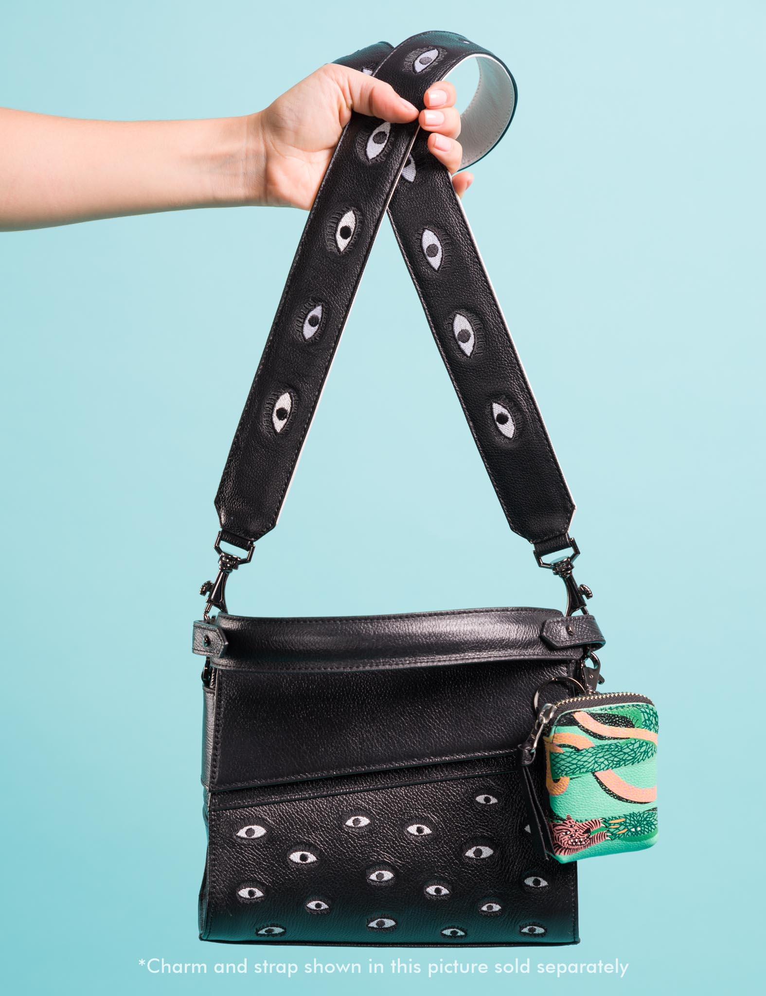 Anastasio Mini Crossbody Handbag Black Leather - All Over Eyes Embroidery