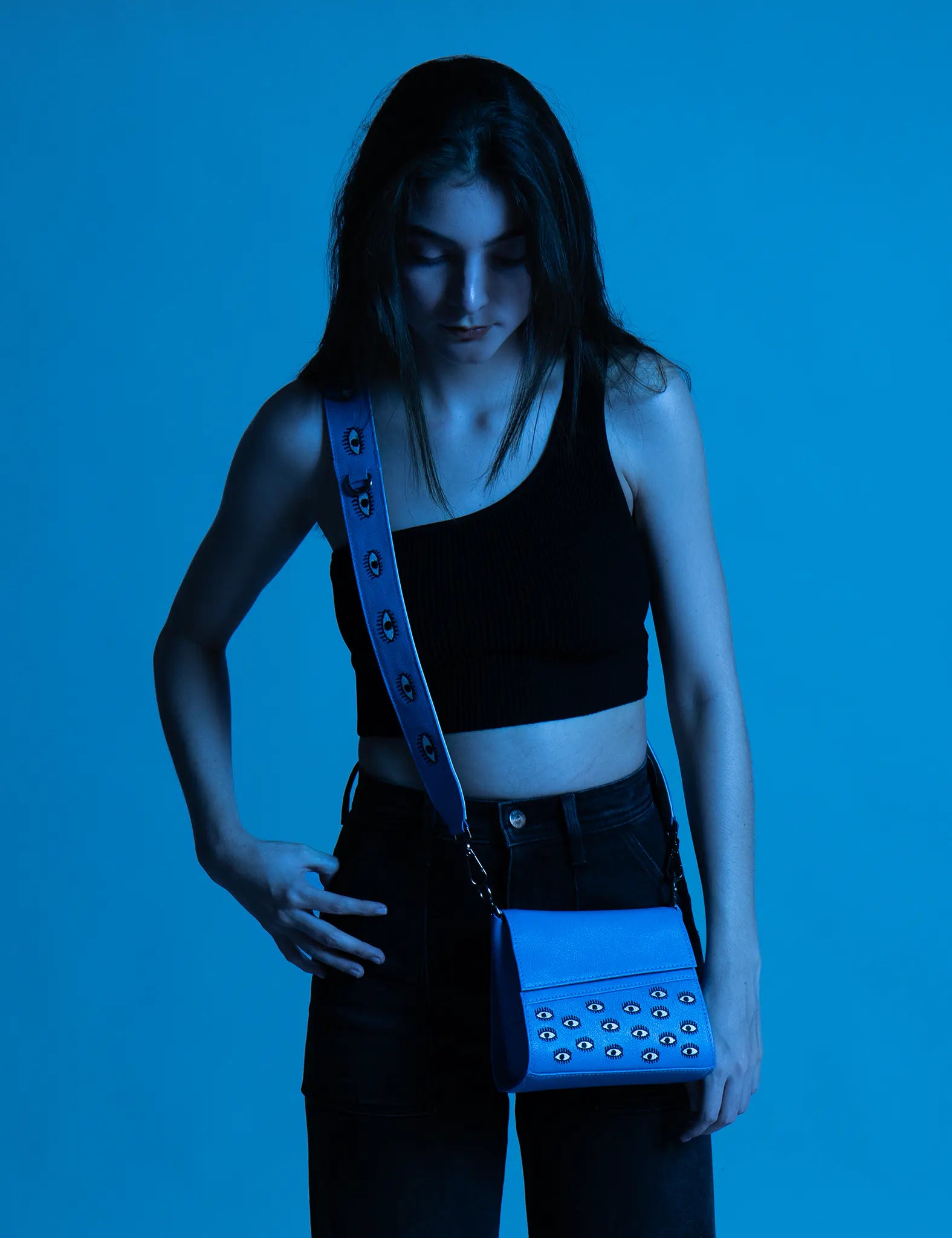Anastasio Micro Crossbody Handbag Ibiza Blue Leather - All Over Eyes Embroidery