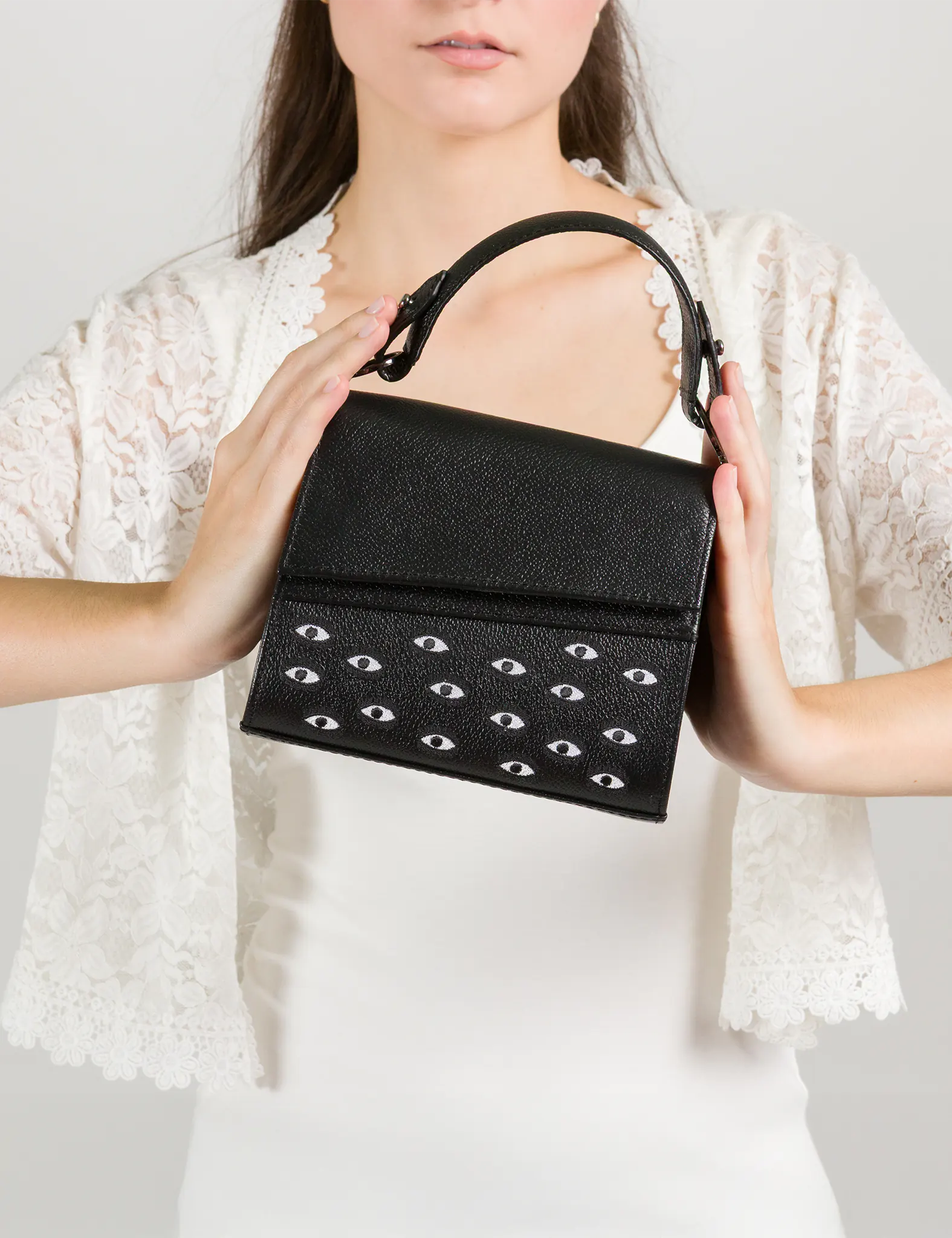 Anastasio Micro Crossbody Handbag Black Leather - All Over Eyes Embroidery