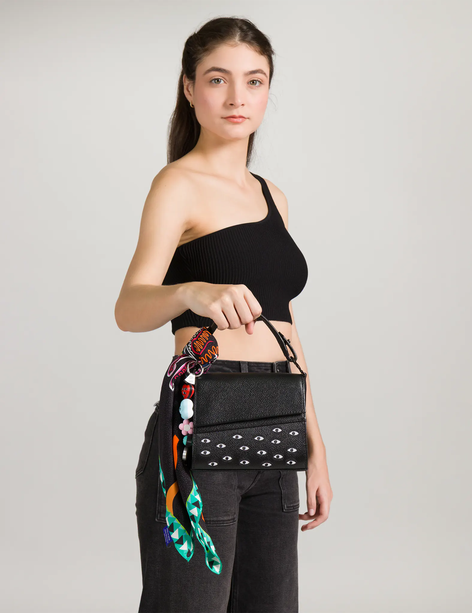 Anastasio Micro Crossbody Handbag Black Leather - All Over Eyes Embroidery