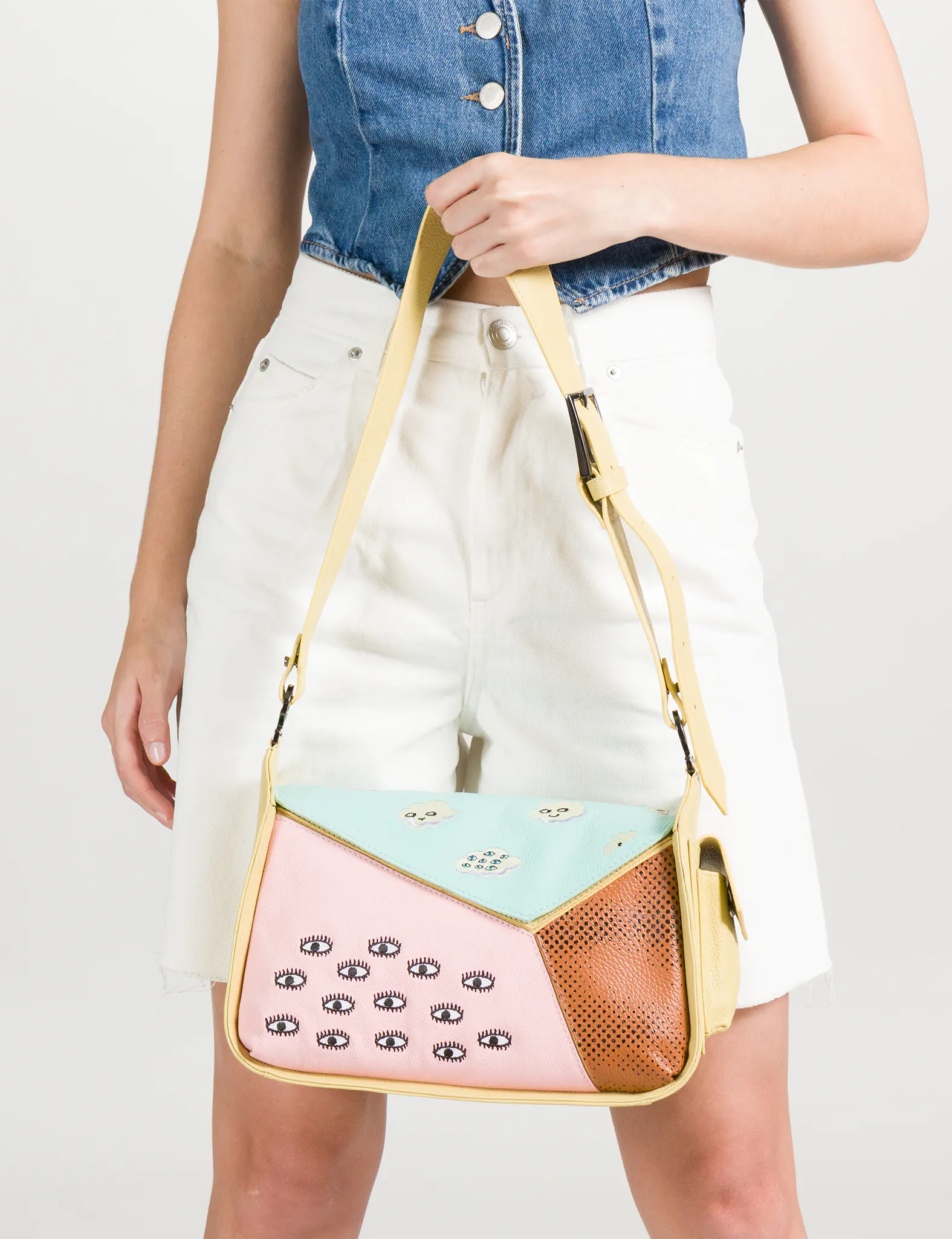 Houston Cocoon Leather Shoulder Bag - Happy Clouds Embroidery