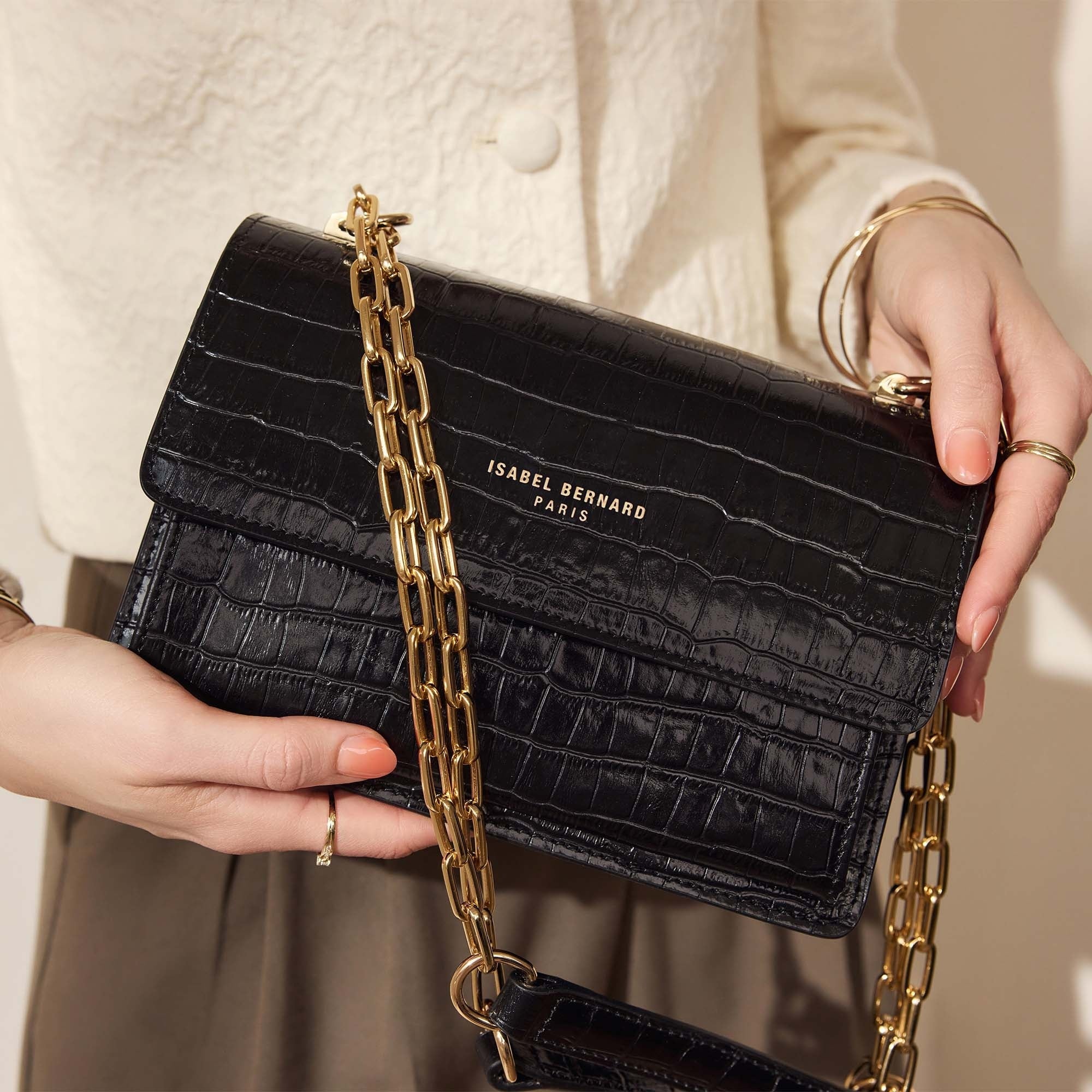 Femme Forte Valerie croco black calfskin leather shoulder bag